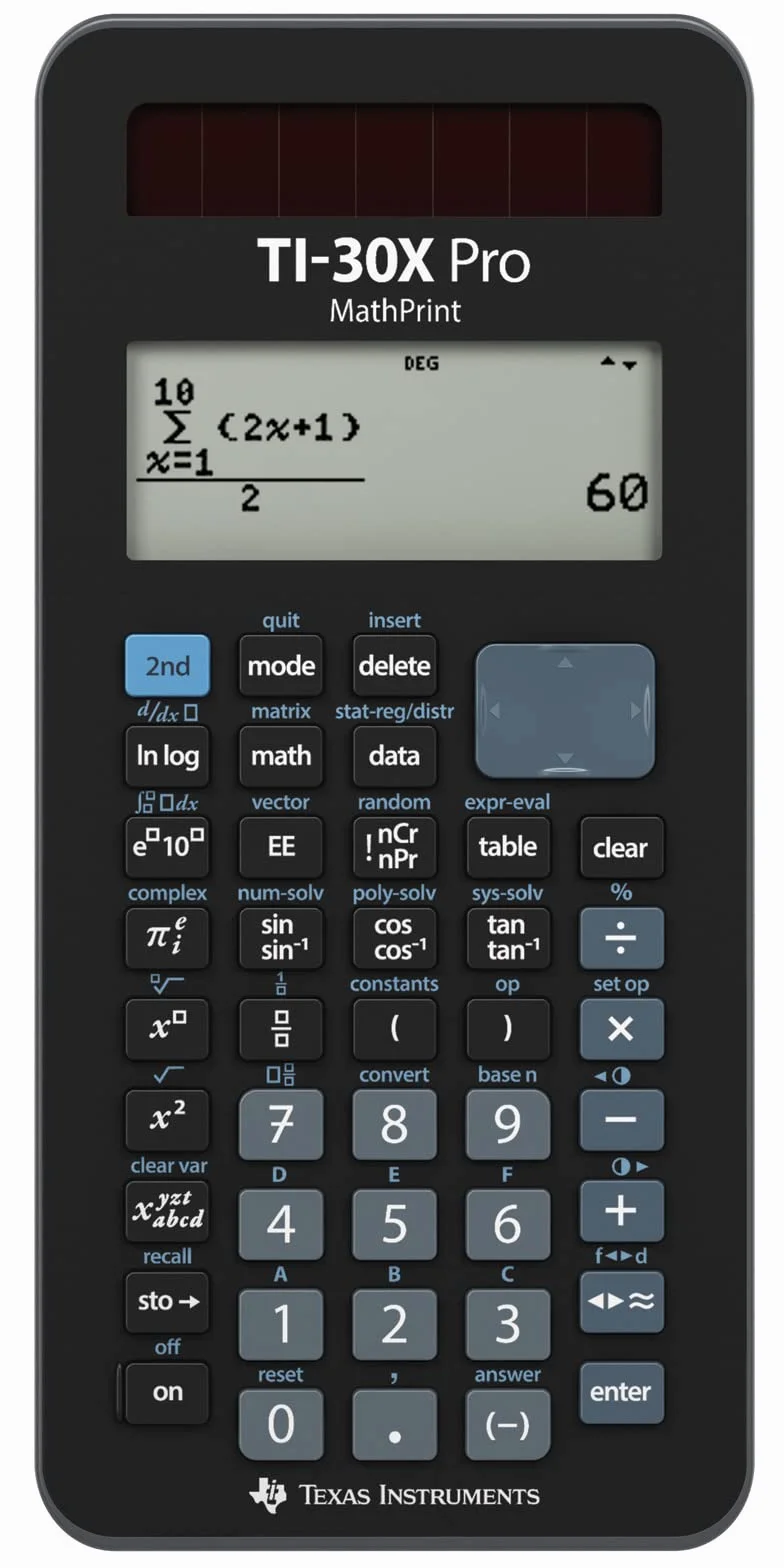 TEXAS INSTRUMENTS TI-30X Pro Mathprint - Calcolatrice scolastica (display ad alta risoluzione a 4 righe, funzionamento solare e a batteria) nero