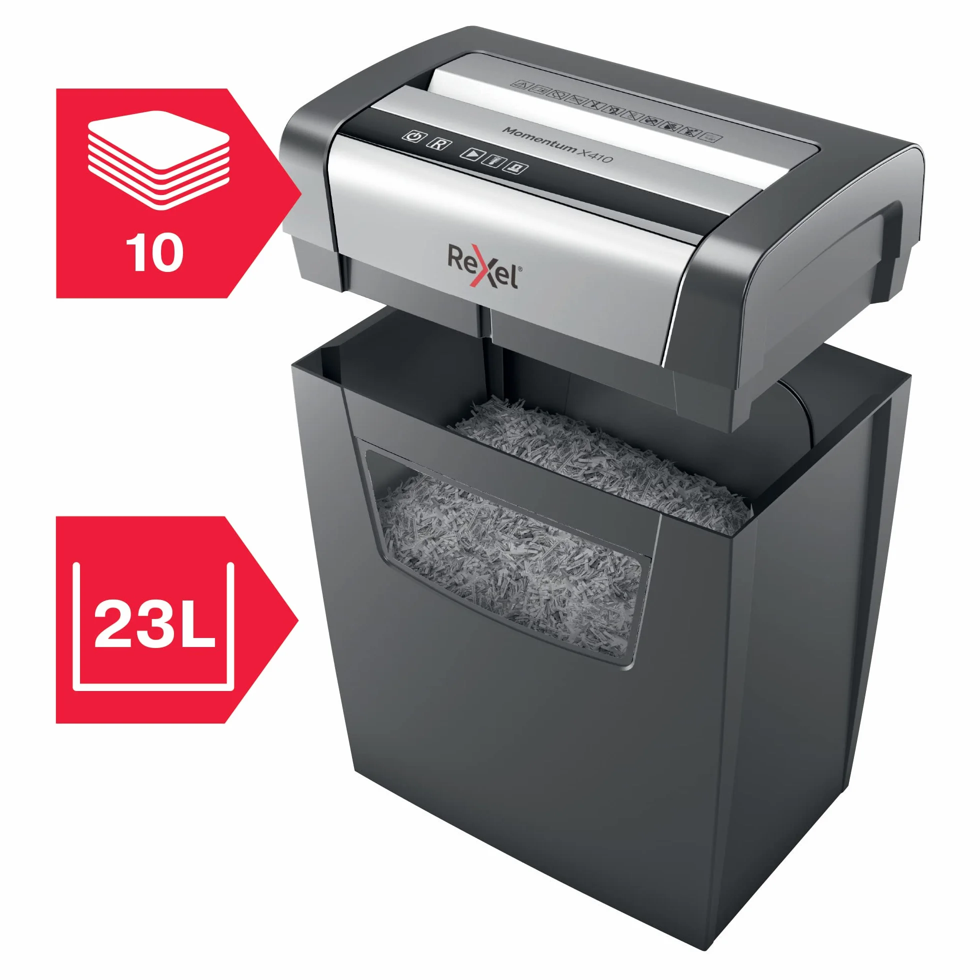REXEL Momentum X410, Distruggidocumenti Manuale, 11-10 Fogli A4 (70-80 gr/mq), Taglio a Frammento, Livello di sicurezza P-4, per Uso Personale/Home Office, Capacità 23 Litri, 2104571EU
