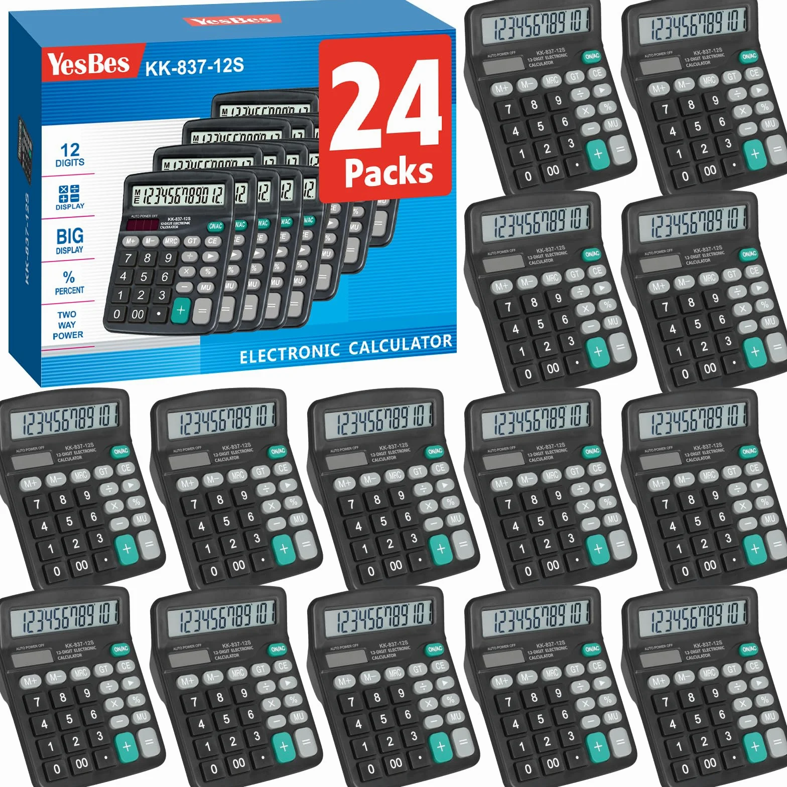 Confezione da 24 calcolatrici a 12 cifre, con ampio display LCD e pulsante sensibile, doppia alimentazione solare e a batteria, calcolatrice da scrivania per scuola, ufficio, casa