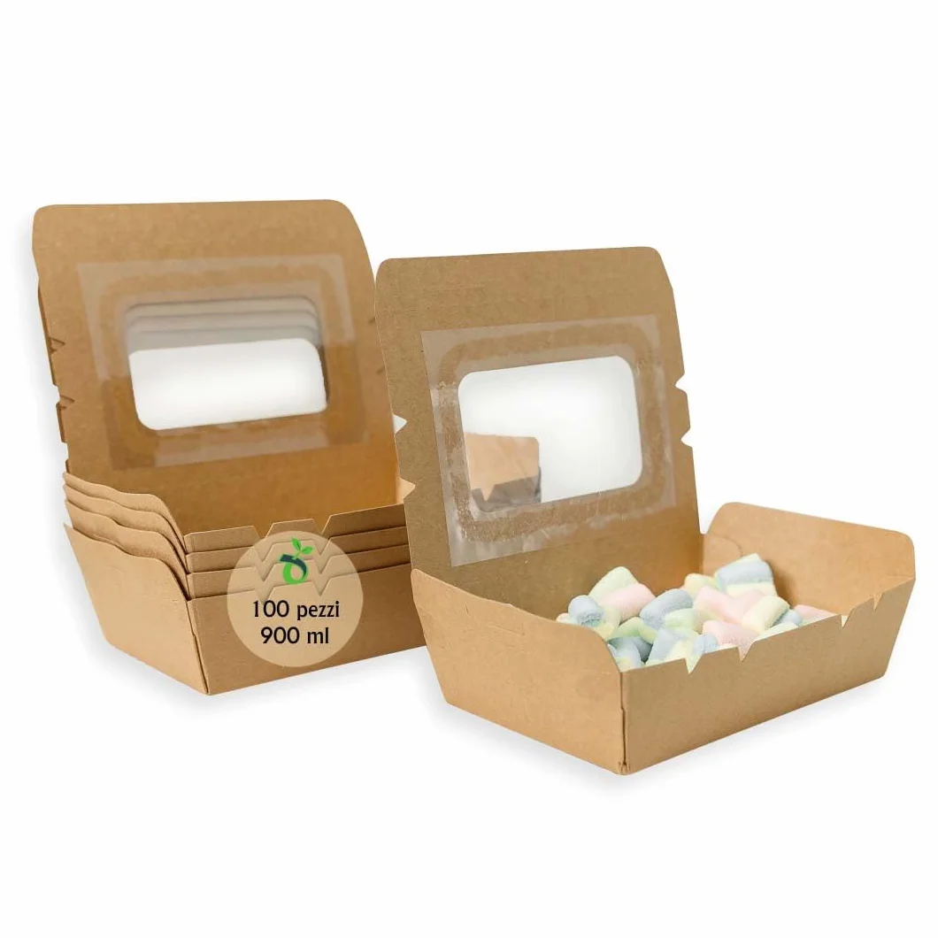 Scatole per Alimenti da Asporto 900 ml Carta Kraft con Finestra - Confezione da 100 Pezzi