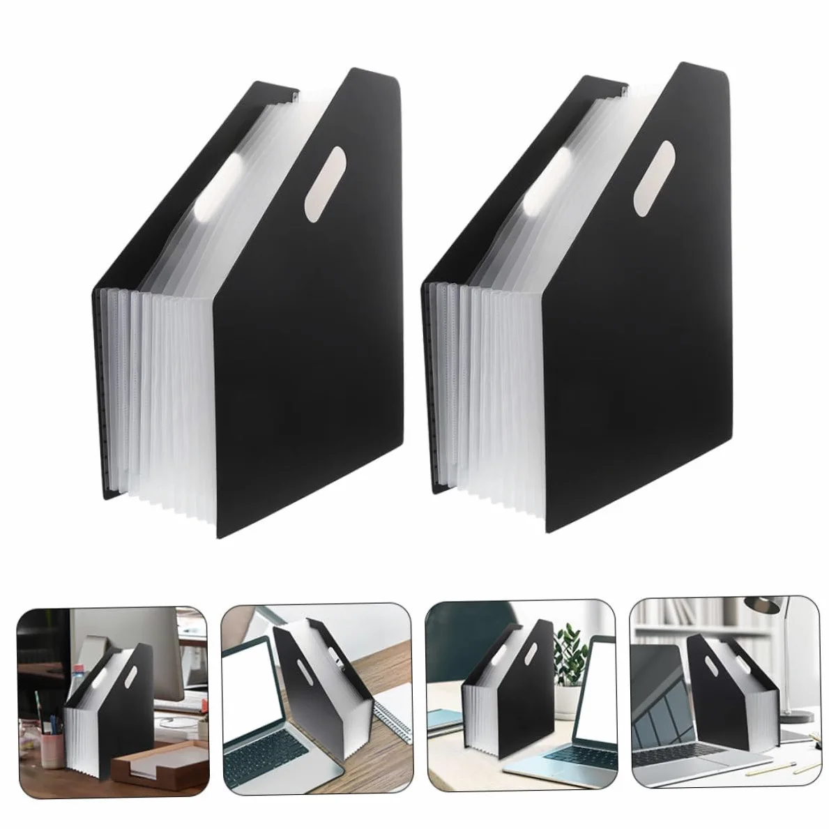 Organizzatore Documenti a Fisarmonica in Plastica Nero 2 Pezzi | Porta Documenti Verticale, Cartelline Ufficio, per Desktop e Trasporto