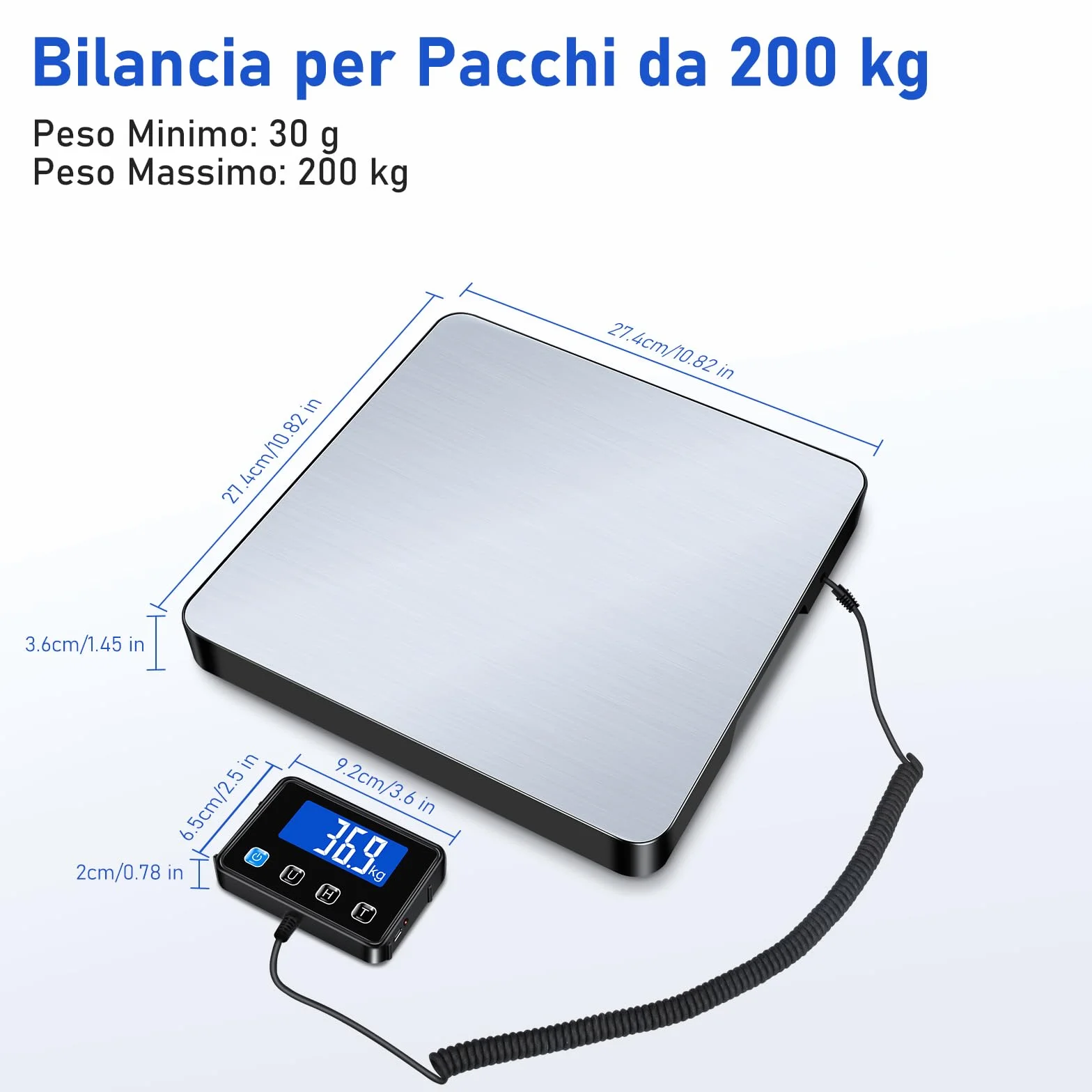 Bilancia Professionale 200kg/10g Alta Precisione Hold Tara Display LCD Montato a Parete per Pacchi e Bagagli Incluse 2 Batterie e Cavo di Ricarica