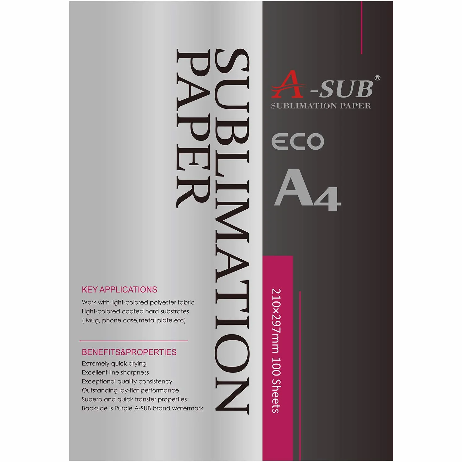 A-SUB Carta per sublimazione A4 210x297 mm 100 fogli Compatibile EPSON SAWGRASS RICOH BROTHER