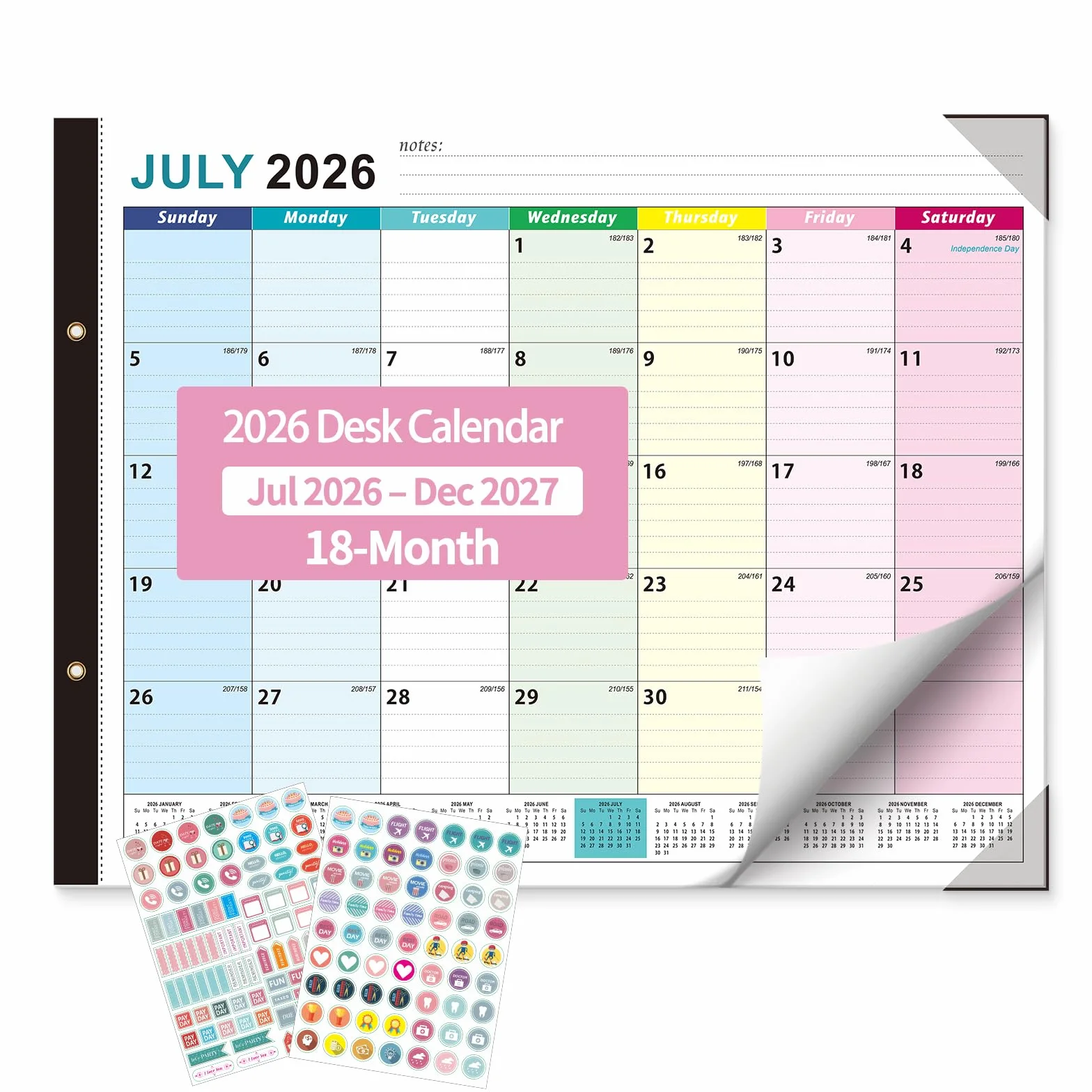 Calendario da tavolo grande 2026-2027, 18 mesi, da luglio 2026 a dicembre 2027, 55,9 x 43,2 cm | Calendario da tavolo colorato extra large, calendario accademico con angolo di protezione, adesivi per ufficio, scuola e casa