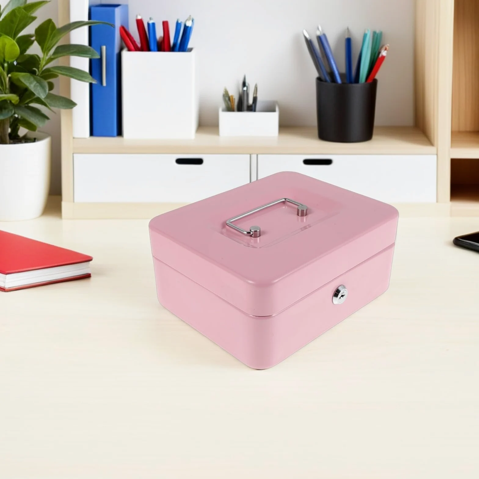 FOMIYES Cassaforte da Viaggio Rosa con Vassoio Portamonete Lucchetto e Chiave Contenitore di Sicurezza per Contanti e Oggetti di Valore per Ufficio e Casa