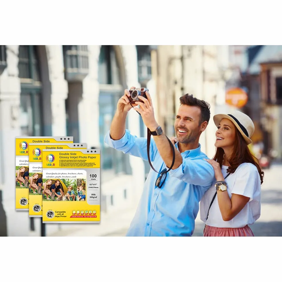 MR.R Carta fotografica a getto d'inchiostro lucida a doppio lato, 21,6 x 28 cm (dimensione lettera) con 100 fogli per confezione, 36,3 kg - 300 g/m²