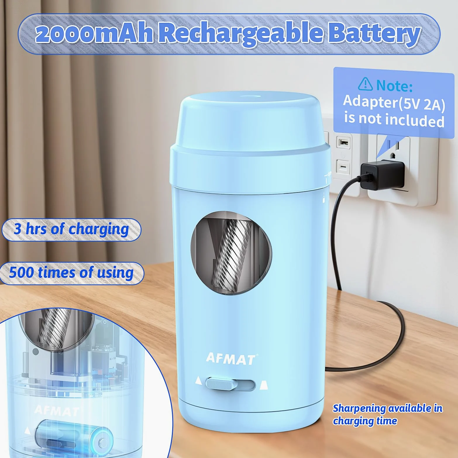 AFMAT Temperamatite elettrico completamente automatico, ricaricabile, con contenitore per matite sottili da 7-8 mm, auto in e out, temperamatite elettrico per casa, ufficio, scuola, blu, PSX8