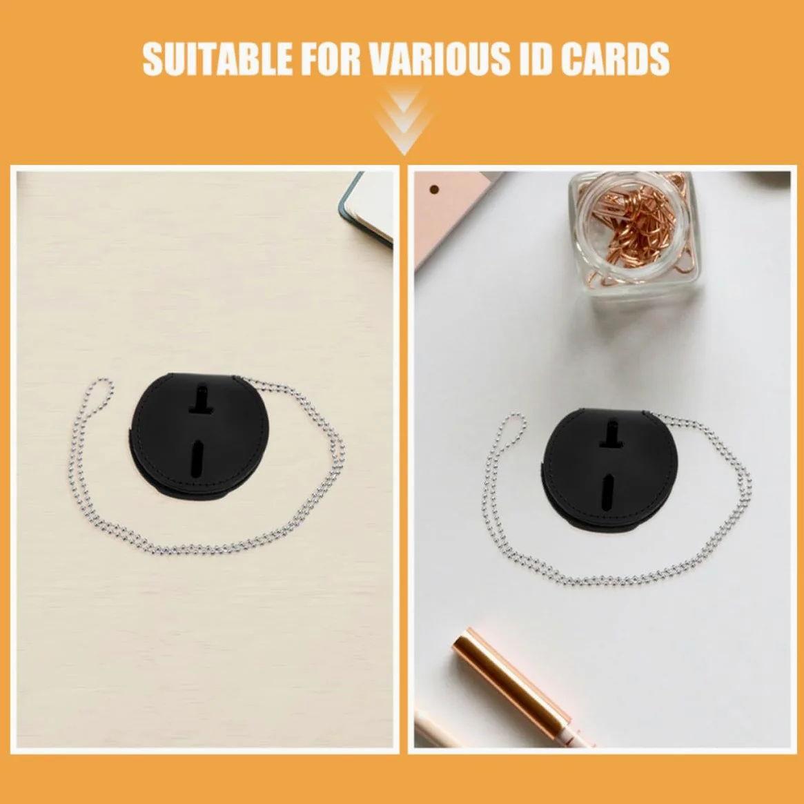 USHOBE Porta Badge in Pu Nero con Clip Metallica e Catena, Resistente e Facile da Pulire, Design Rotondo Moderno, 7 Pezzi per Uso Quotidiano e Lavoro in Ufficio