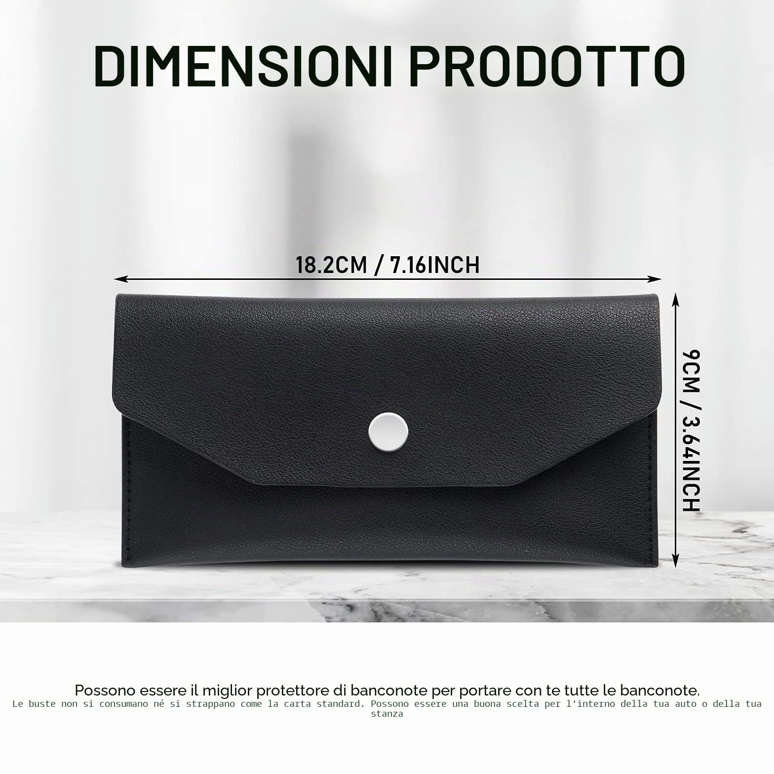 Molain Portafoglio in pelle PU con busta per contanti 7,2 x 3,6 pollici Nero