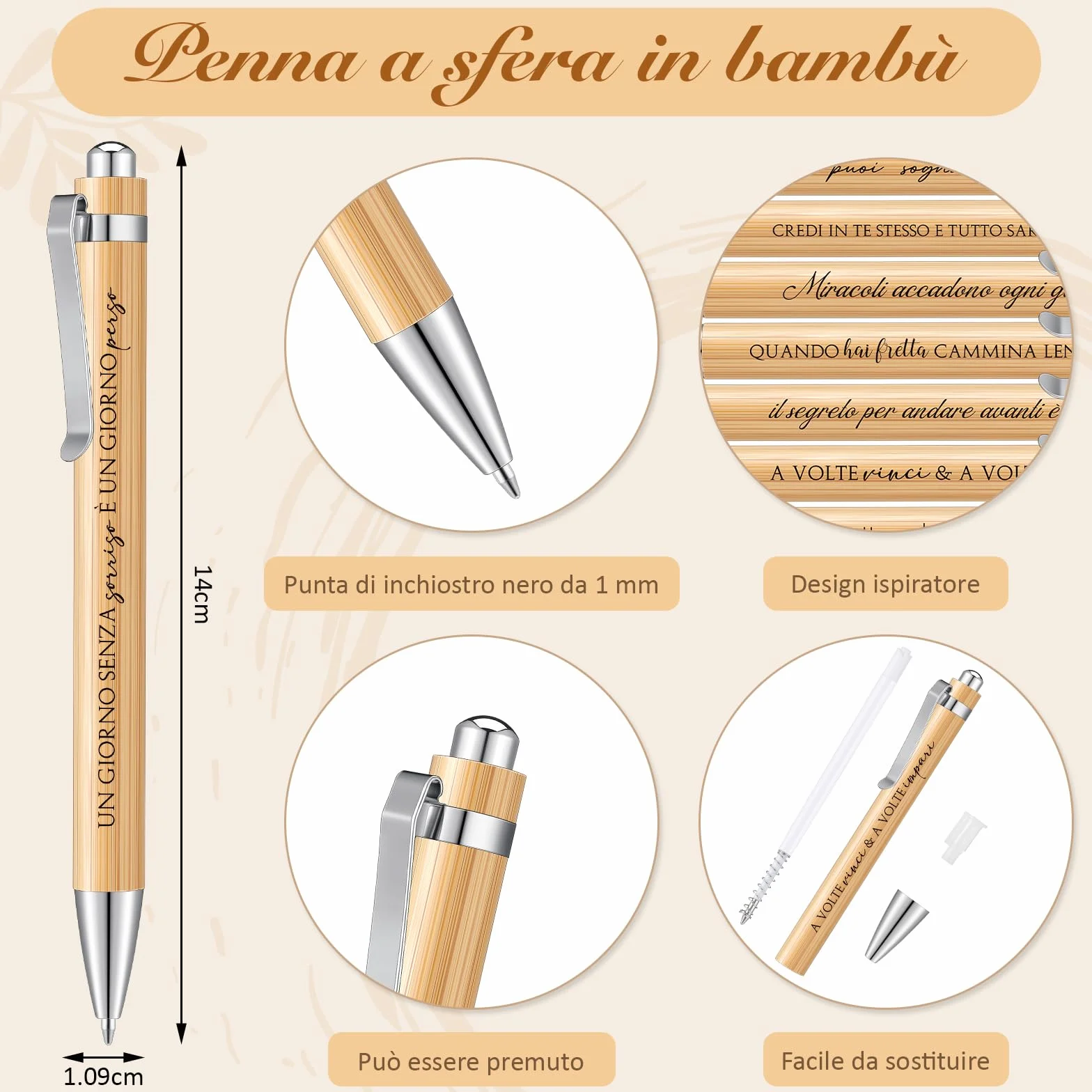 Penne con Frasi Motivazionali in Italiano Ispiratrici a Sfera Retrattili in Legno 24 Pezzi Portafortuna per Studenti Insegnanti