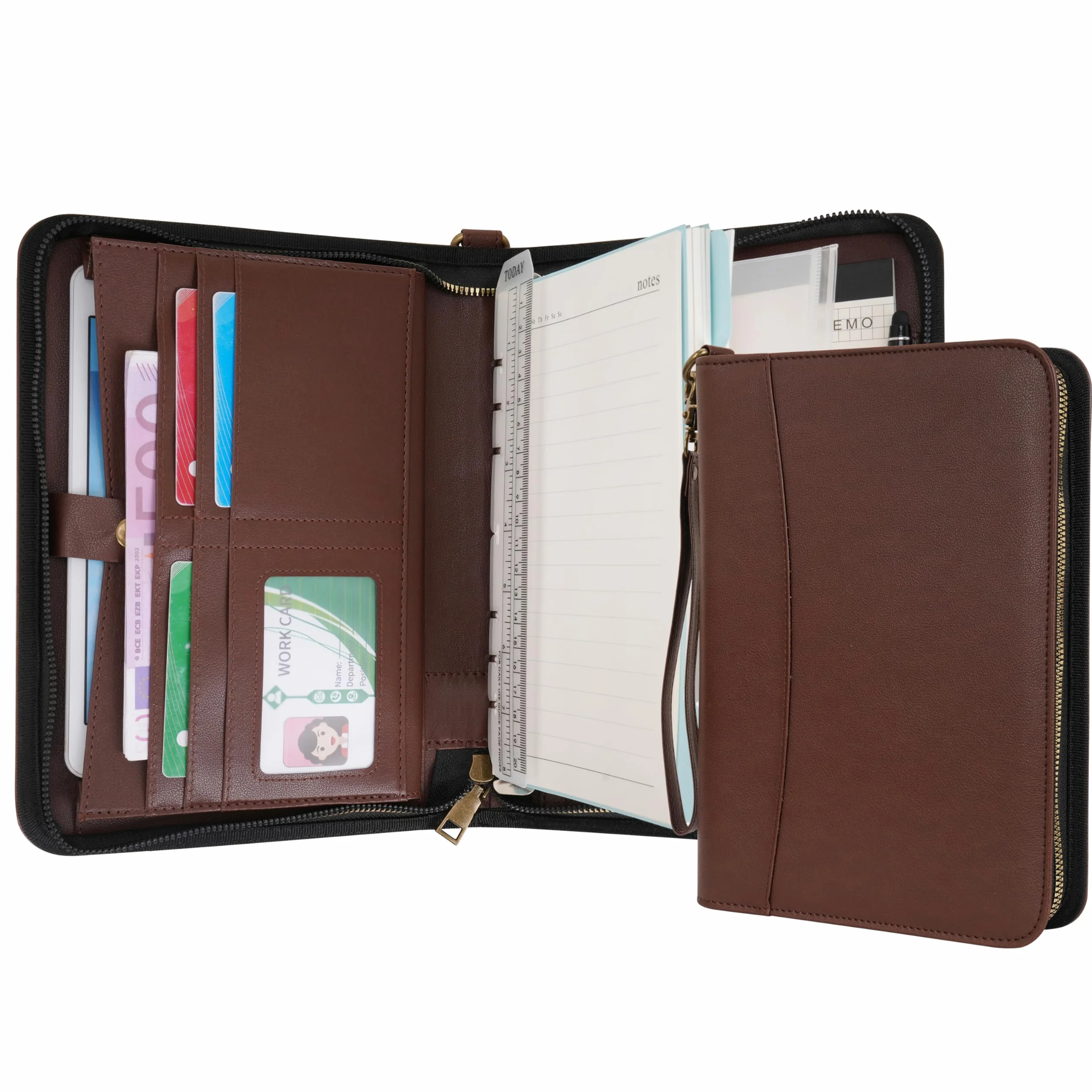 Wason A5 Portfolio Agenda con Anelli e Cerniera - Quaderno in Pelle PU con Blocco Note Staccabile e Ricaricabile, Blocco Legale per Organizzazione Aziendale, Studio e Viaggi (Caffè)