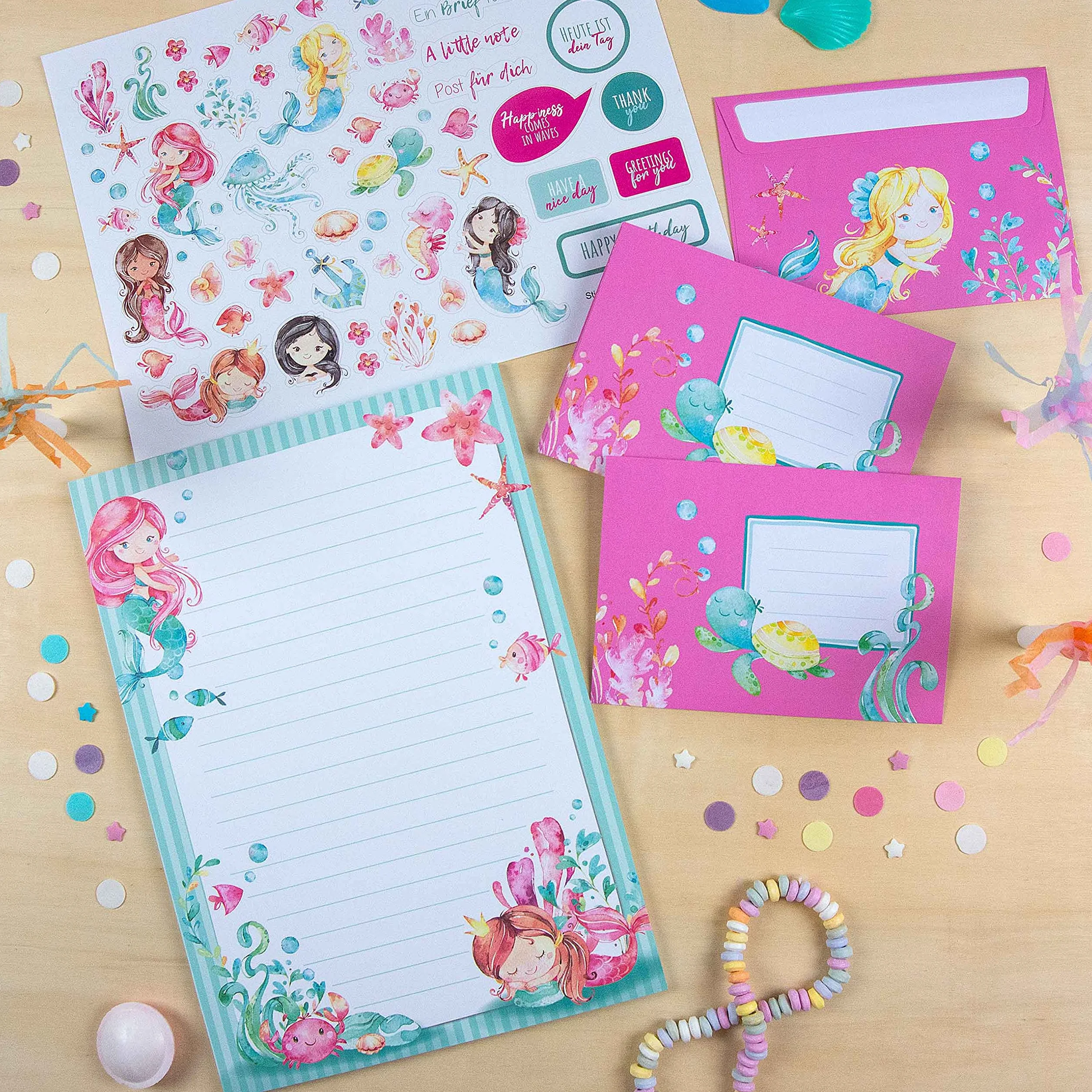 Papierdrachen Set di Blocchi per Lettere - 50 fogli colorati stampati - Carta da lettere con adesivi - 20 buste - Idea regalo per bambini Sirena