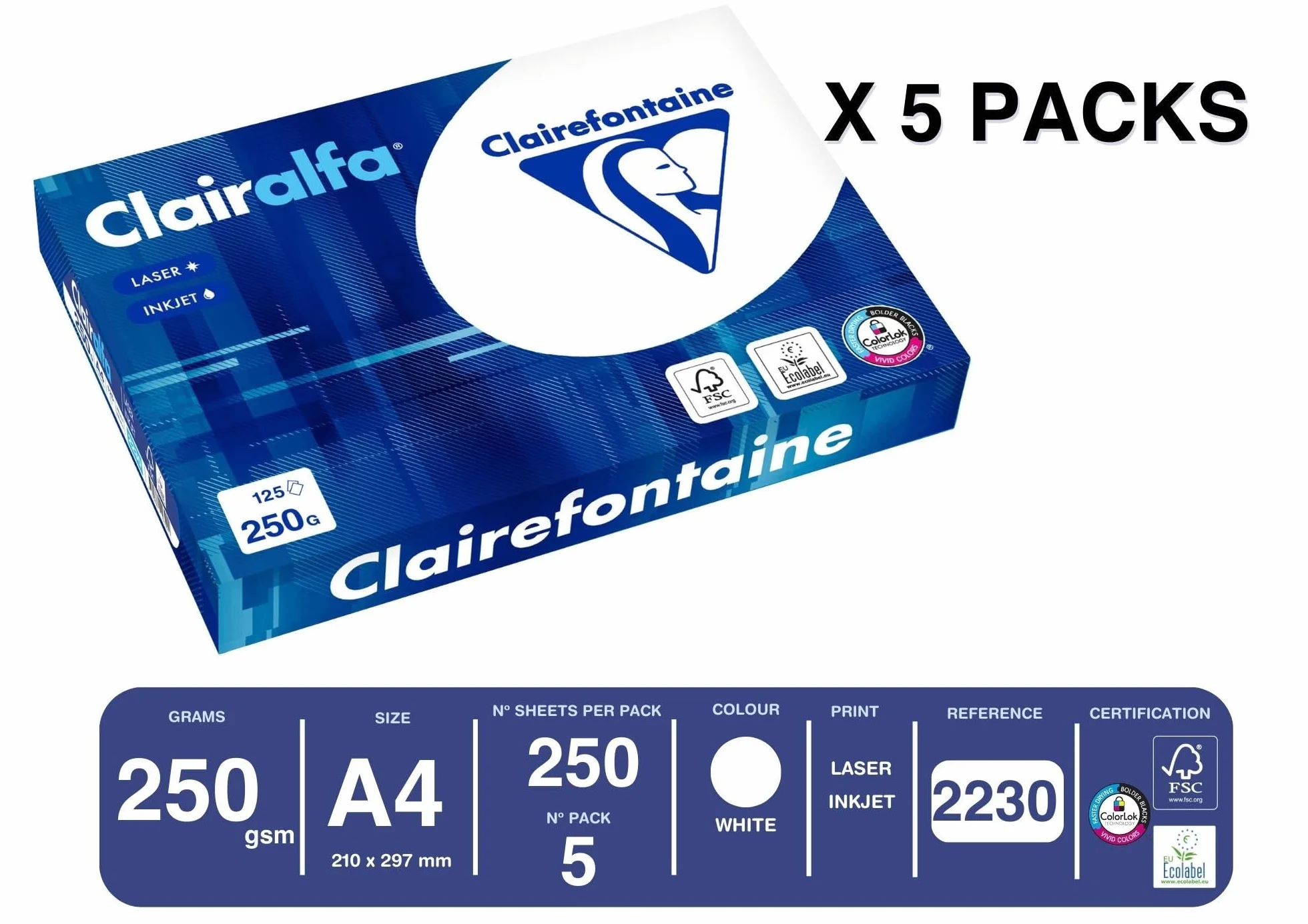 Clairefontaine Clairalfa 2230C 1000 fogli di carta bianca formato A4, 250 g al m2, confezione con 4 risme da 250 fogli, colore: bianco (171 CIE)