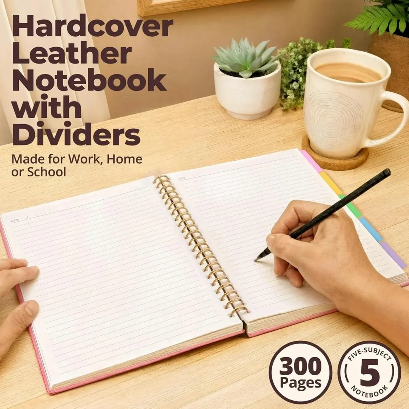 Taccuino foderato in pelle con copertina rigida 8x10. | 300 pagine, 5 soggetti, divisori rimovibili, rosa