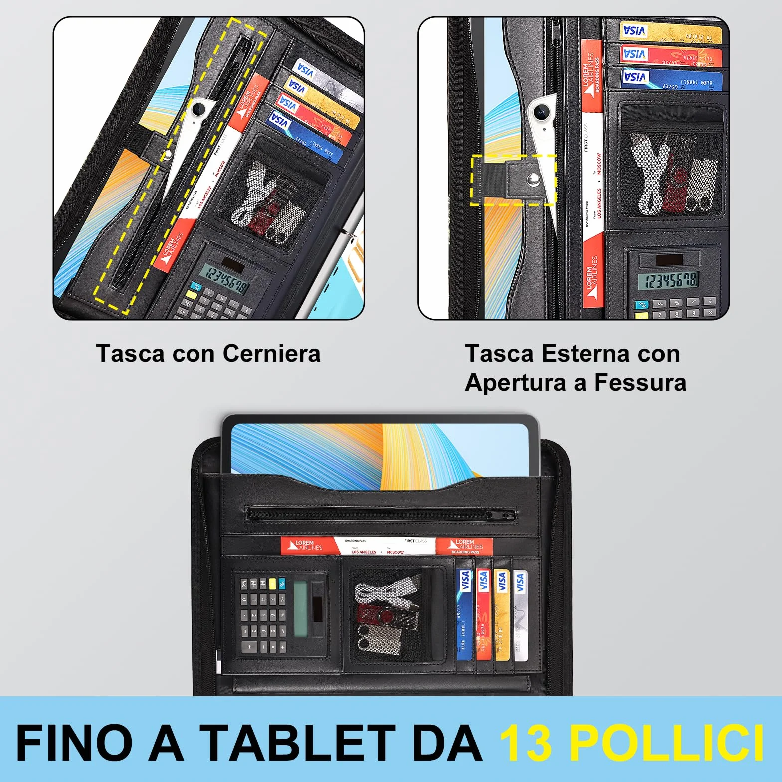 Leathario Cartella portadocumenti A4 pelle vegana organizer con cerniera Nero