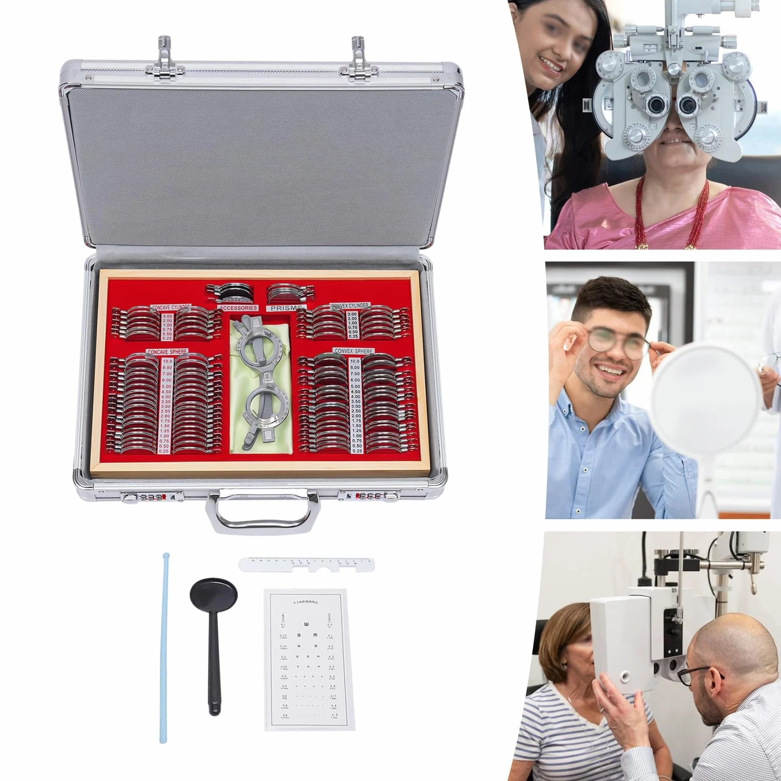Trial Lens - Set di lenti di prova, 104 pezzi, lenti con occhiali di prova, in metallo, ottometria, lenti di prova, lenti ottiche, con telaio ottometrico e valigetta ottometrica
