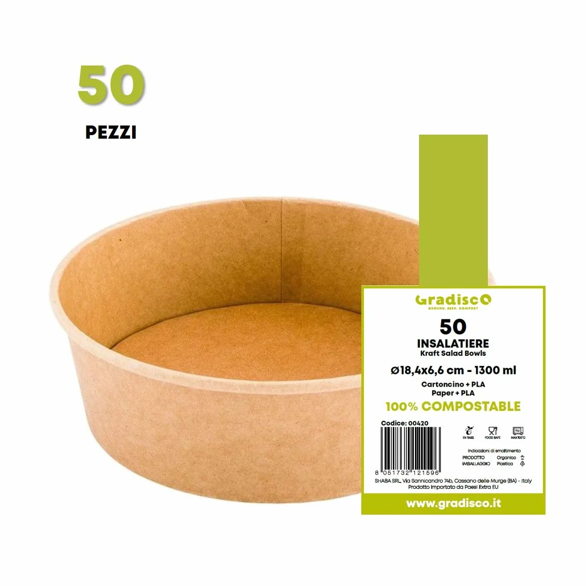 Coppa Insalata Monouso Ecologica Ciotola Rotonda 1300 ml Vaschetta Compostabile Cartone Kraft PLA 50 Pezzi