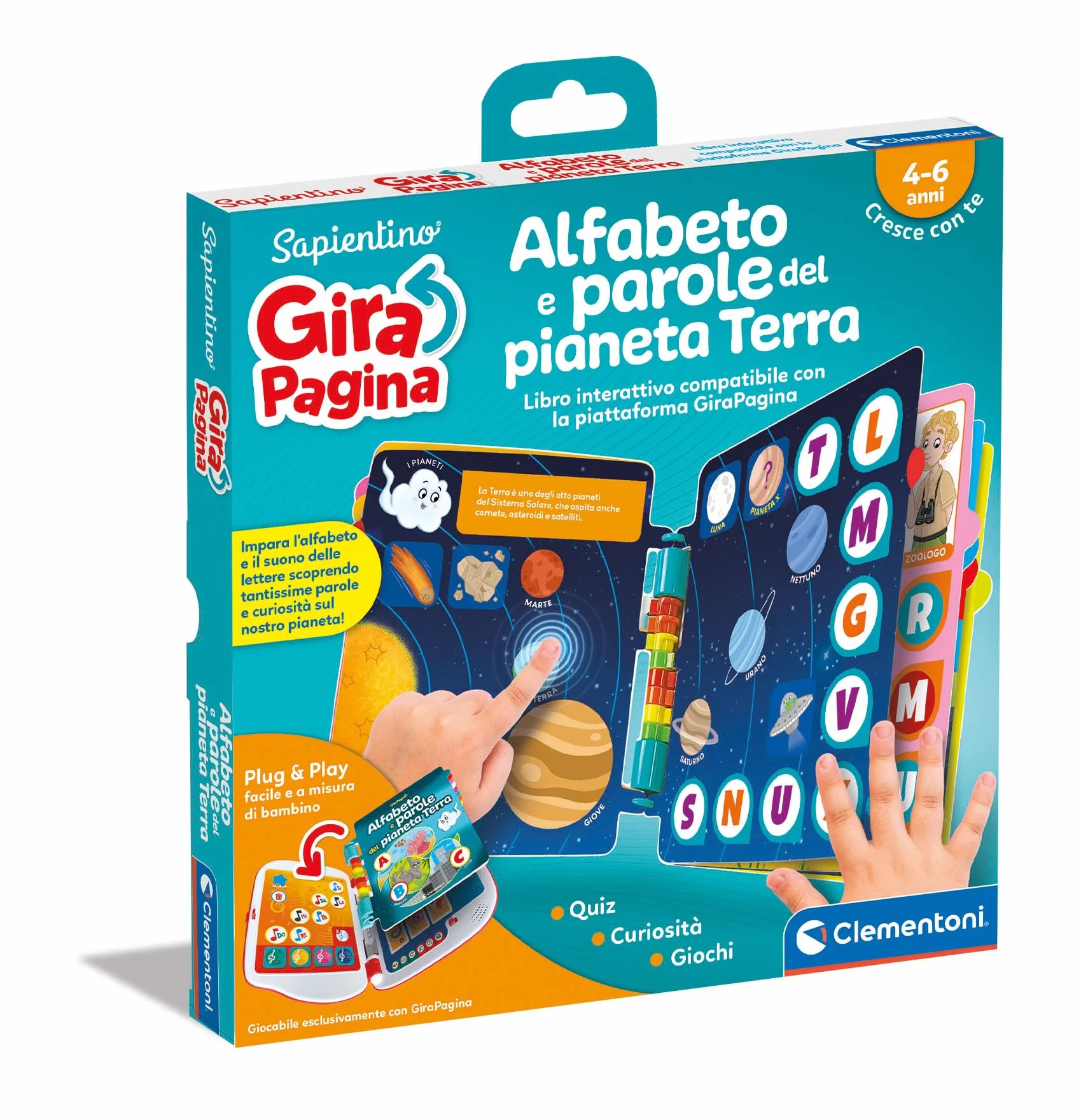 Clementoni Sapientino Girapagina L'Alfabeto del Pianeta Terra Libro Educativo Interattivo per Bambini 4 Anni