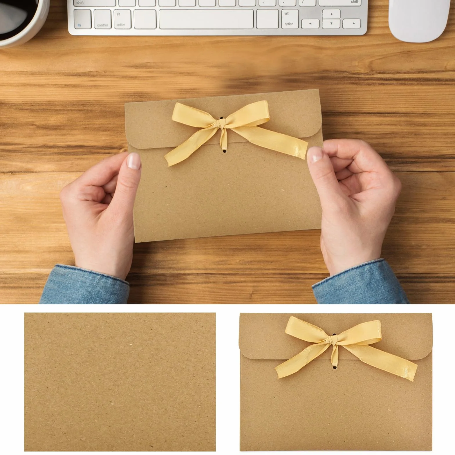 Buste in Carta Kraft con Nastro, 50 Pezzi, DIY per Regalo Vintage, Inviti, Cartoline, Biglietti (Dorato Nastro)
