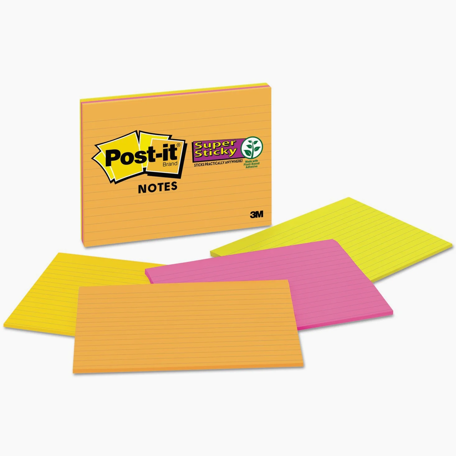 Post-it Notes Super Sticky Large Lined Format Notes, 8 x 6, Four Colors, 4 45-Sheet Pads PK - MMM6845SSPL