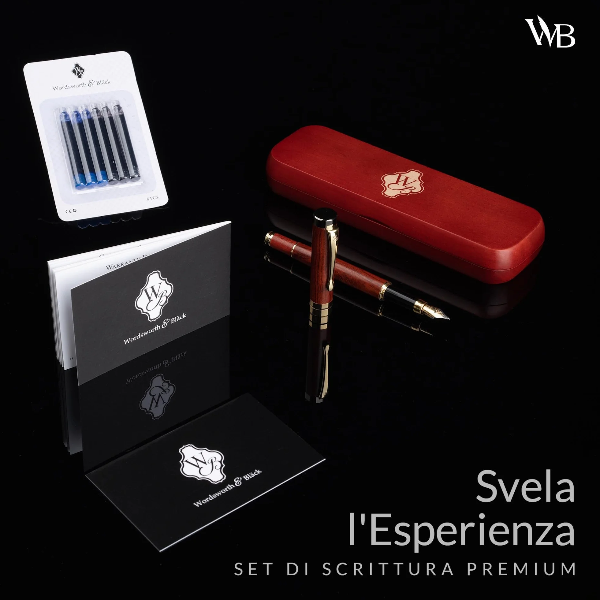 Wordsworth & Black Set penne stilografiche legno di bambù premium pennino medio custodia regalo 6 cartucce inchiostro convertitore ricariche Palissandro