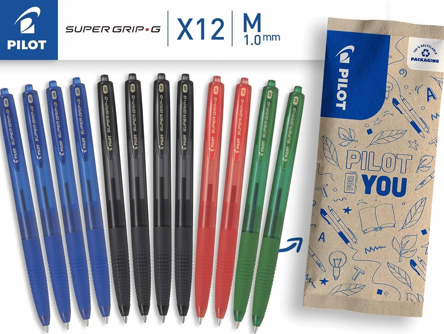 PILOT Set di 12 Penne a sfera Super Grip G Ricaricabile a scatto Punta Media Blu Nero Rosso Verde