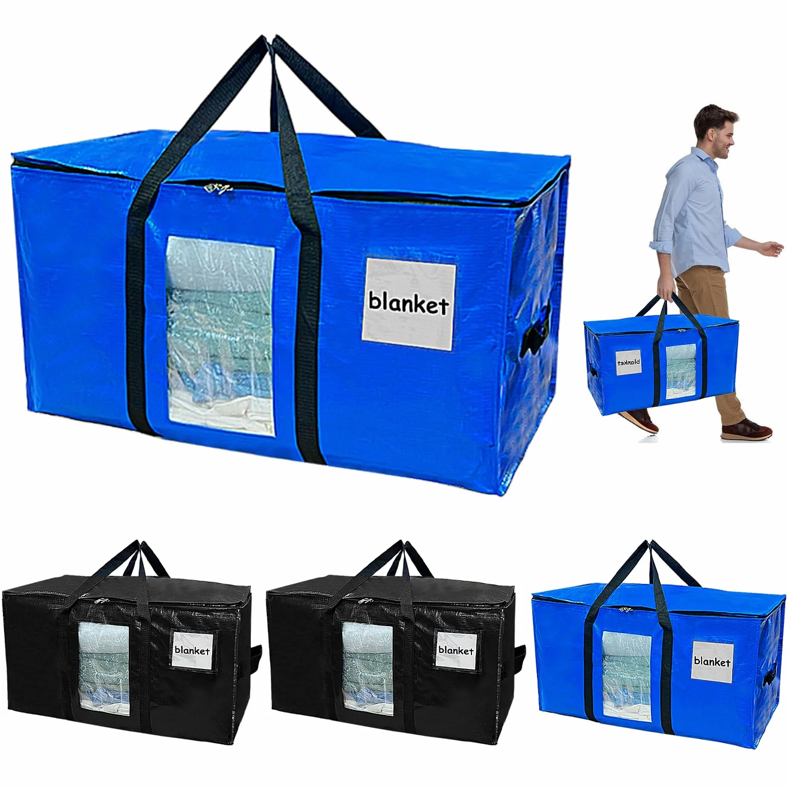 Borse da Trasloco Grandi 100 L con Manici e Cerniere, Borsa Portaoggetti Trasparente per Vestiti Coperte (Nero, Blu)