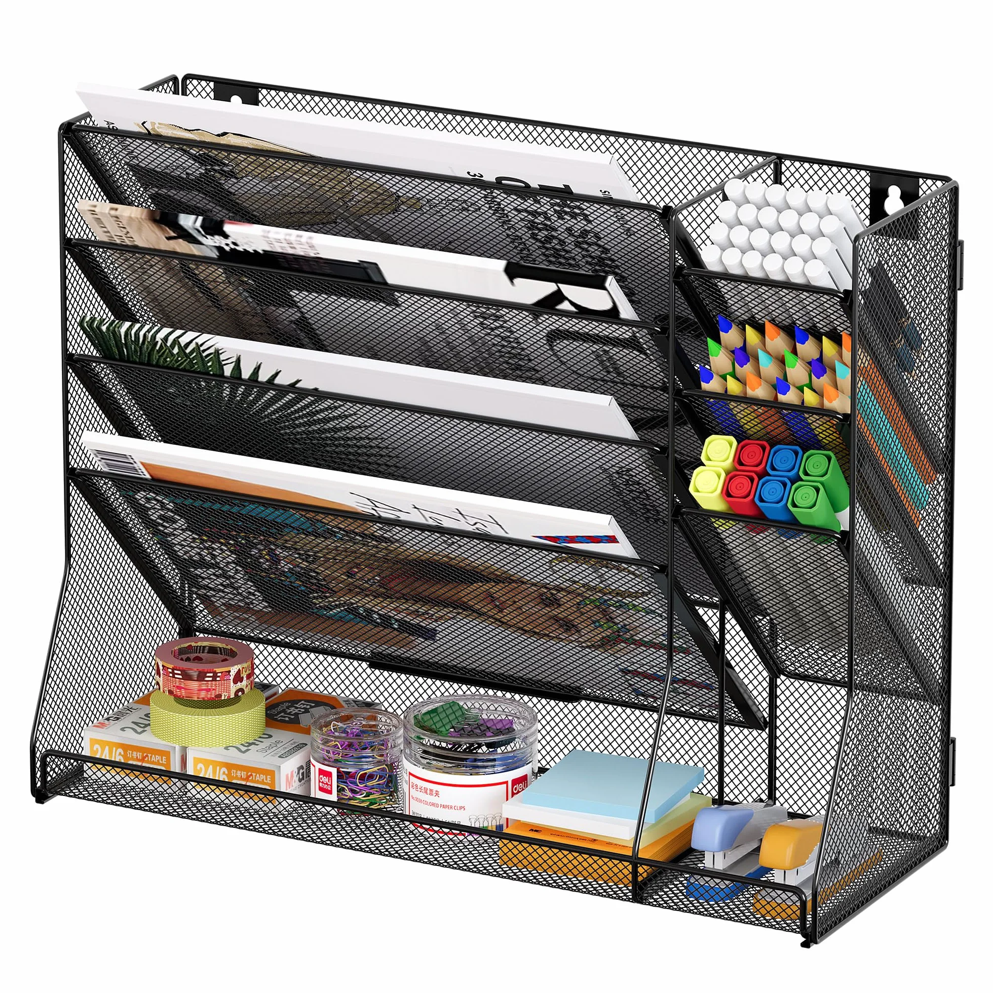 TQVAI 5 Ripiani Organizer Documenti Parete con 3 Scomparti Porta Penne Organizer Scrivania Metallo Portariviste Parete Scaffale per Documenti A4 Organizzatore Ufficio Casa, Nero