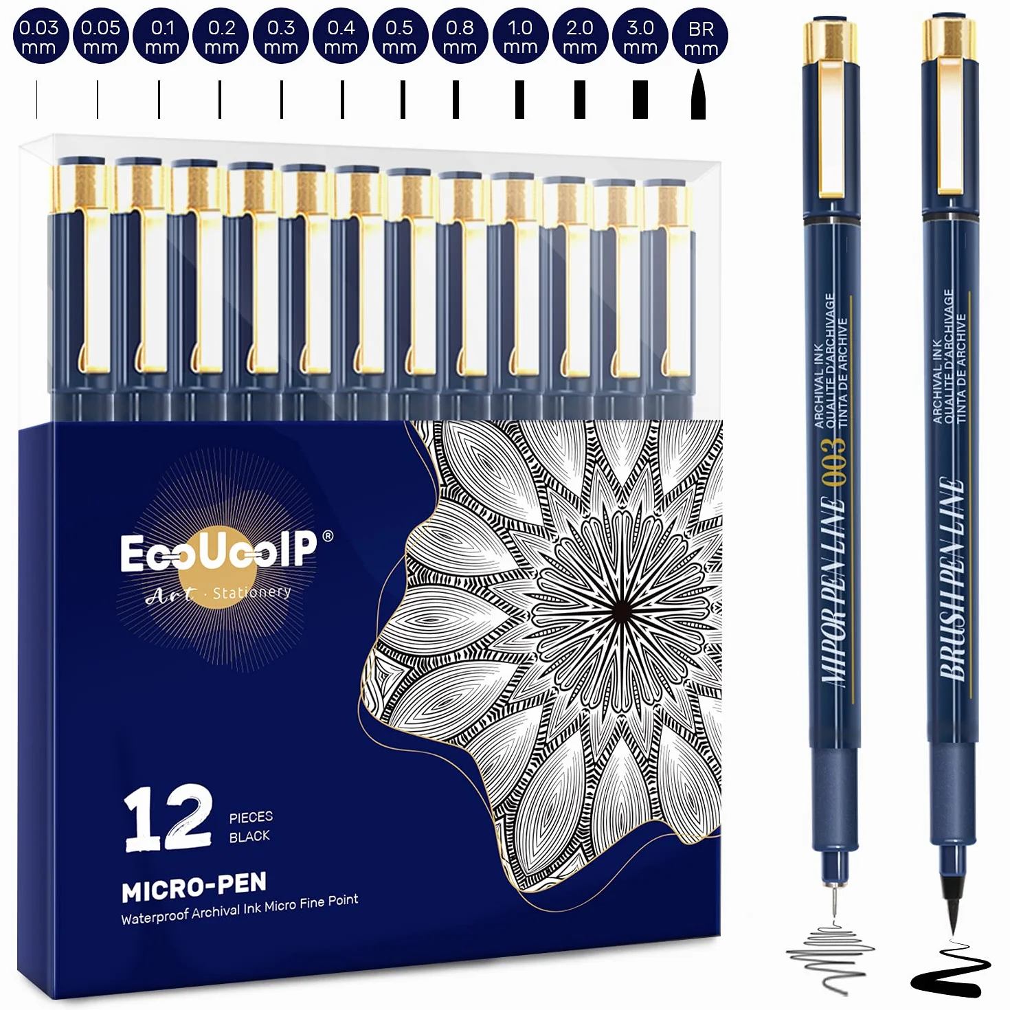 Pennini Fineliner Penne 12 Pcs Black Micro Liner Pen (0,03 mm-3 mm) per Disegni Tecnici e Illustrazioni