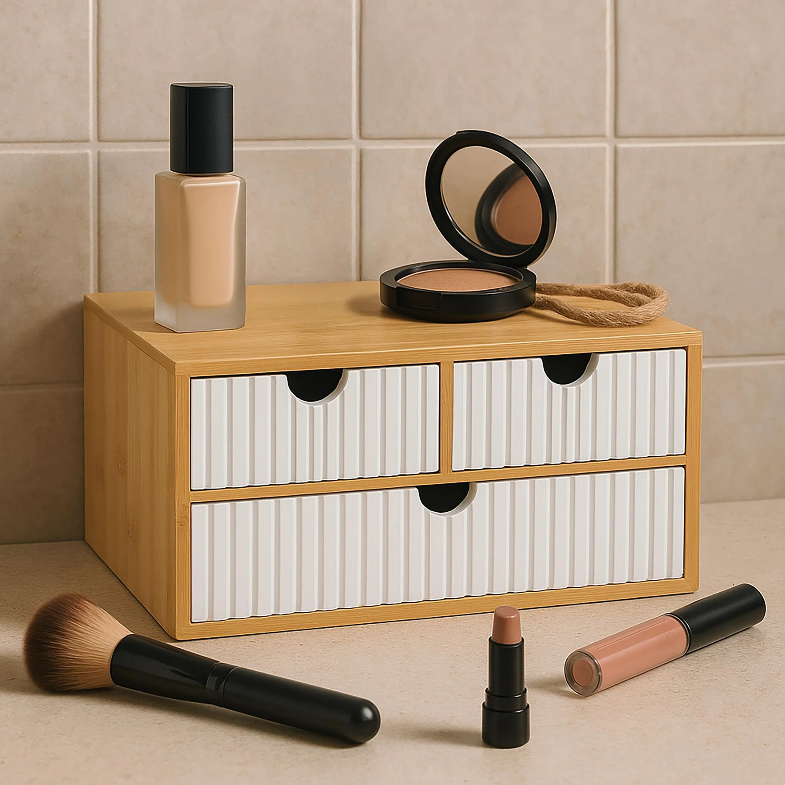 Contenitore a cassetti Relaxdays, bambù e MDF, 3 cassetti, H x L x P: 15 x 30 x 20 cm, Organizer scrivania, Bianco/Rosa