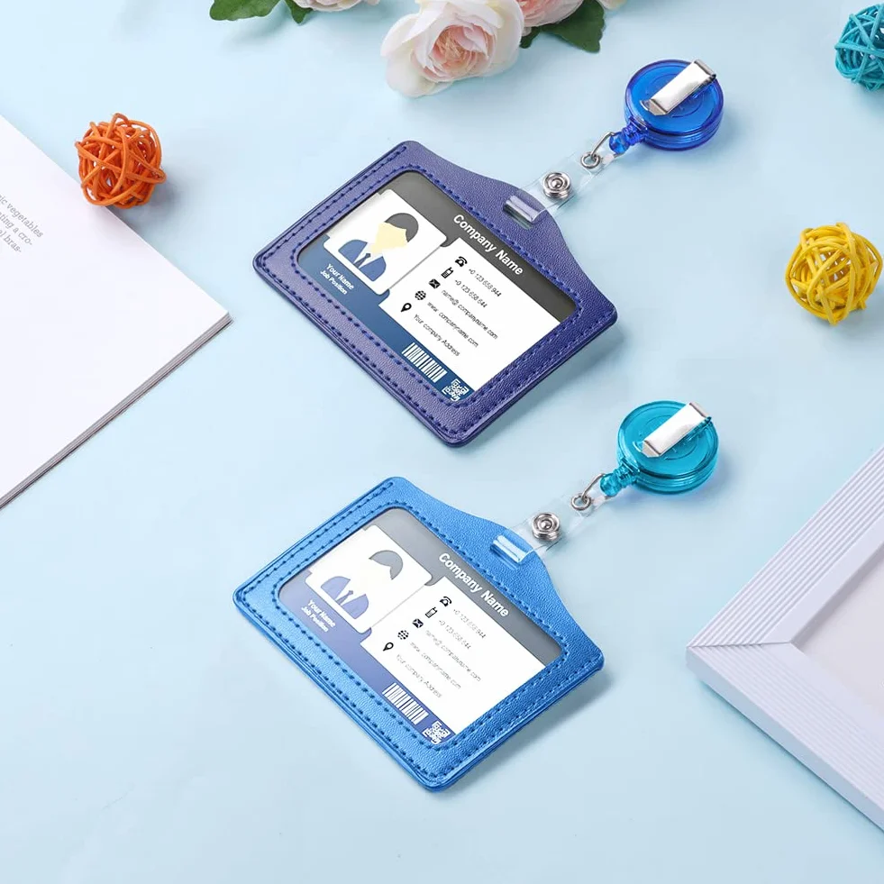 Vicloon Porta Badge, 2pcs Porta Badge Identificativo, PU Colorato Orizzontale Retrattile in Pelle con Clip per Ufficio, Carta Identità, Pass Bus (Azzurro & Blu Scuro)