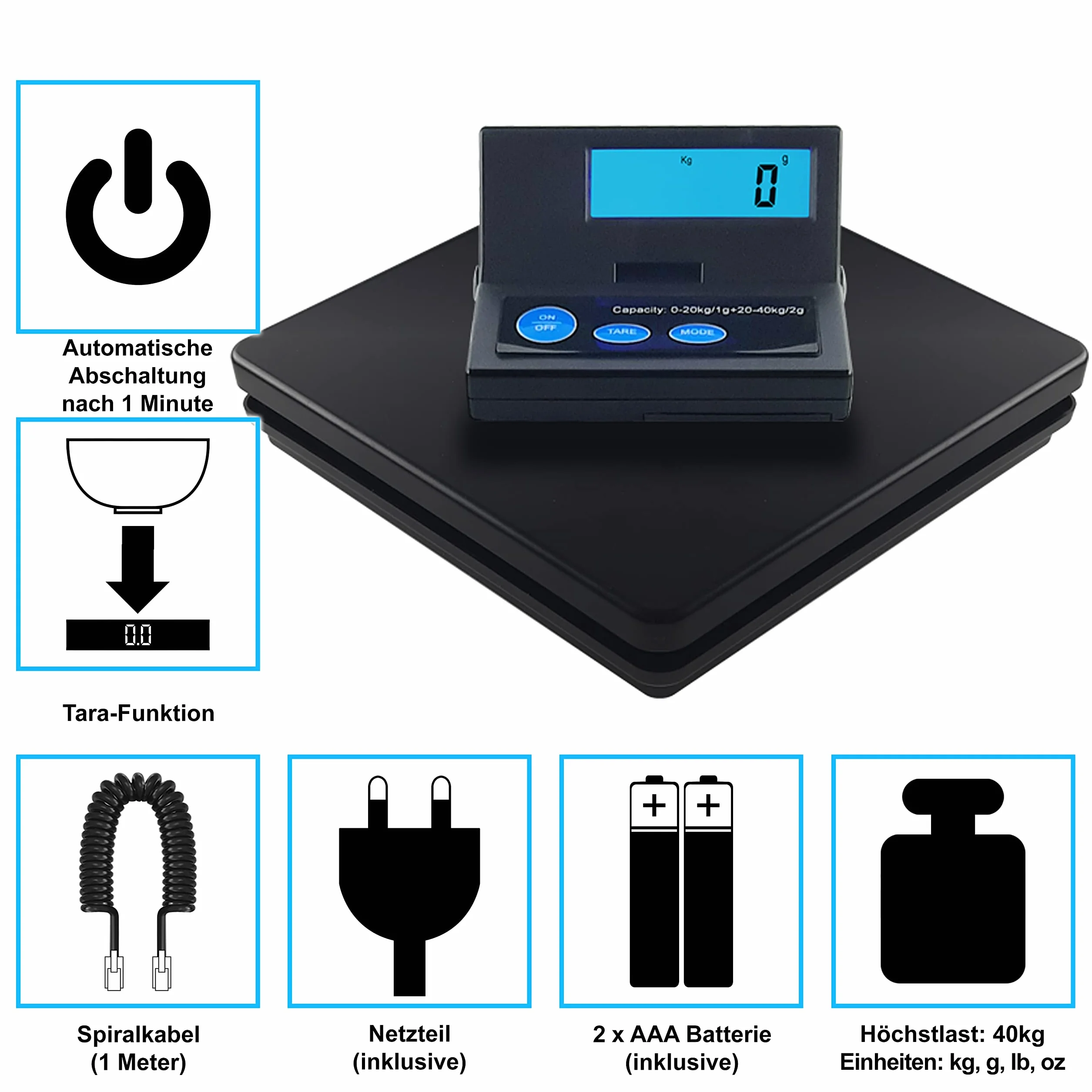 Bilancia digitale ACE 1g-40kg piattaforma robusta batteria e rete