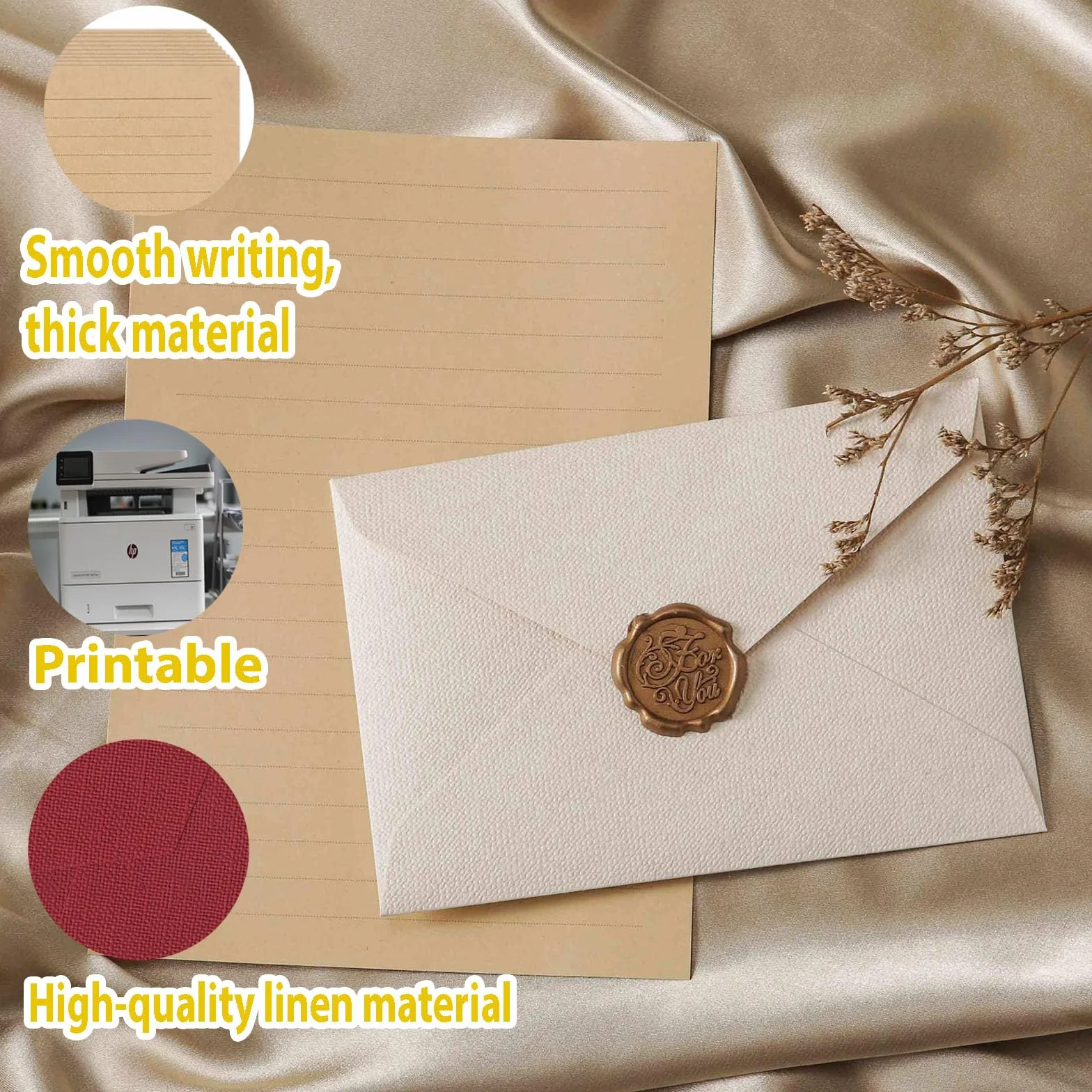 Set di 22 pezzi carta da lettere vintage A5 con 6 buste in lino e sigilli di cera per inviti nozze