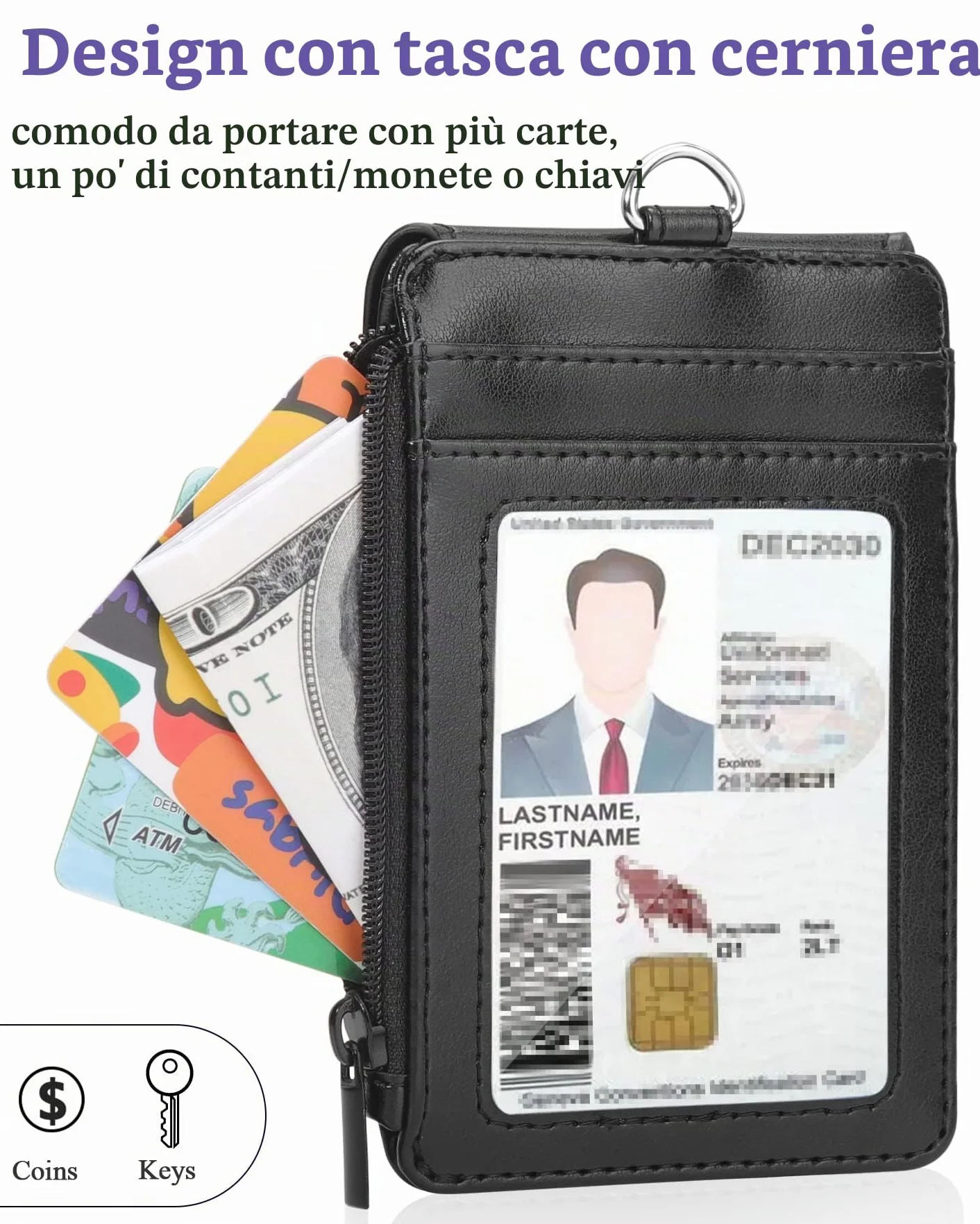 Teskyer Porta Badge da Collo in Pelle PU con Cordino Nylon e Gancio Acciaio Inossidabile, Tasca Cerniera, 1 Finestra ID, 3 Slot Schede
