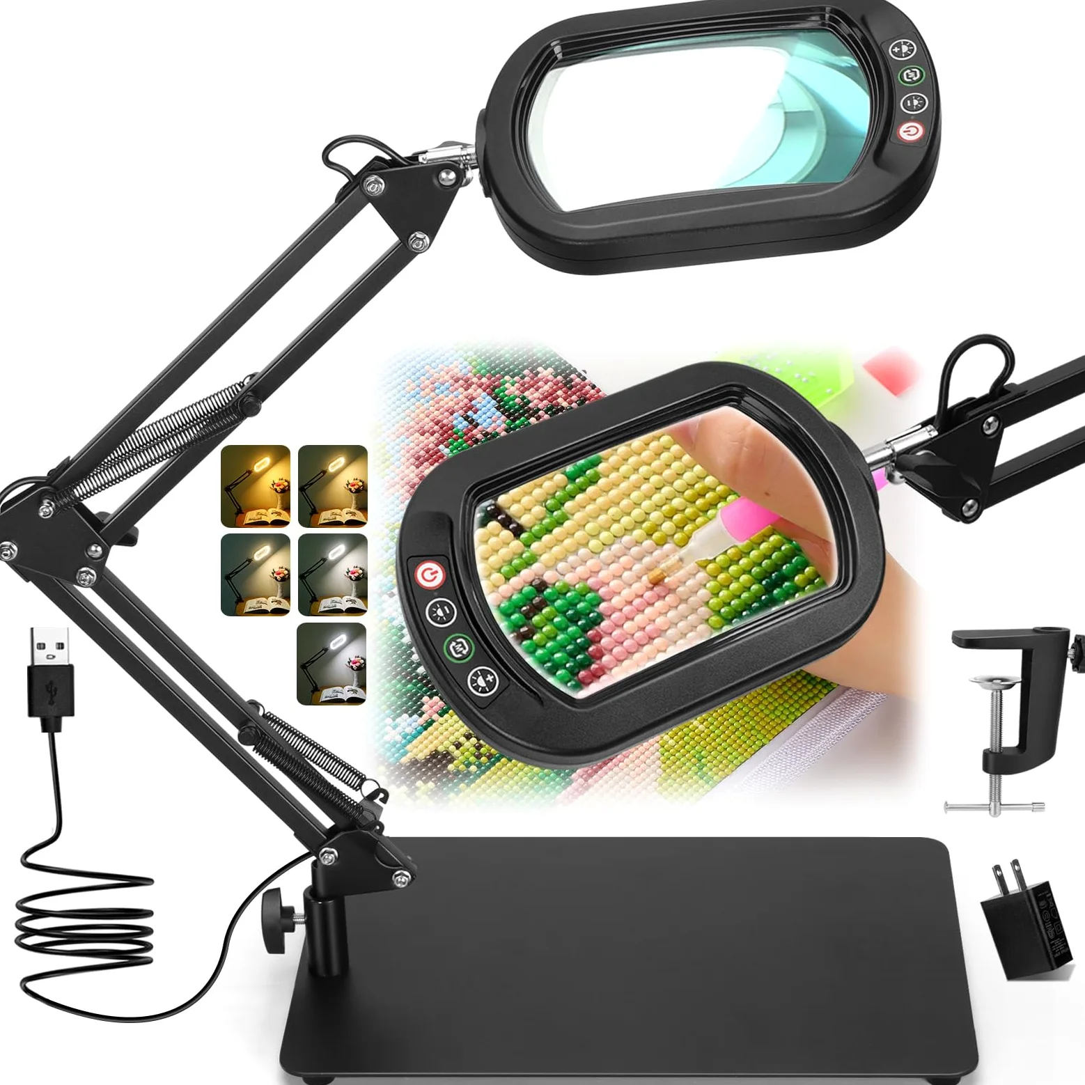 Veemagni 12X Rettangolare Lente di Ingrandimento con Luce e Supporto, 5 Modalità Colore Dimmerabili in Modo Continuo, Lampada da Scrivania LED 2 in 1 con Morsetto, Mani Libere per la Lettura