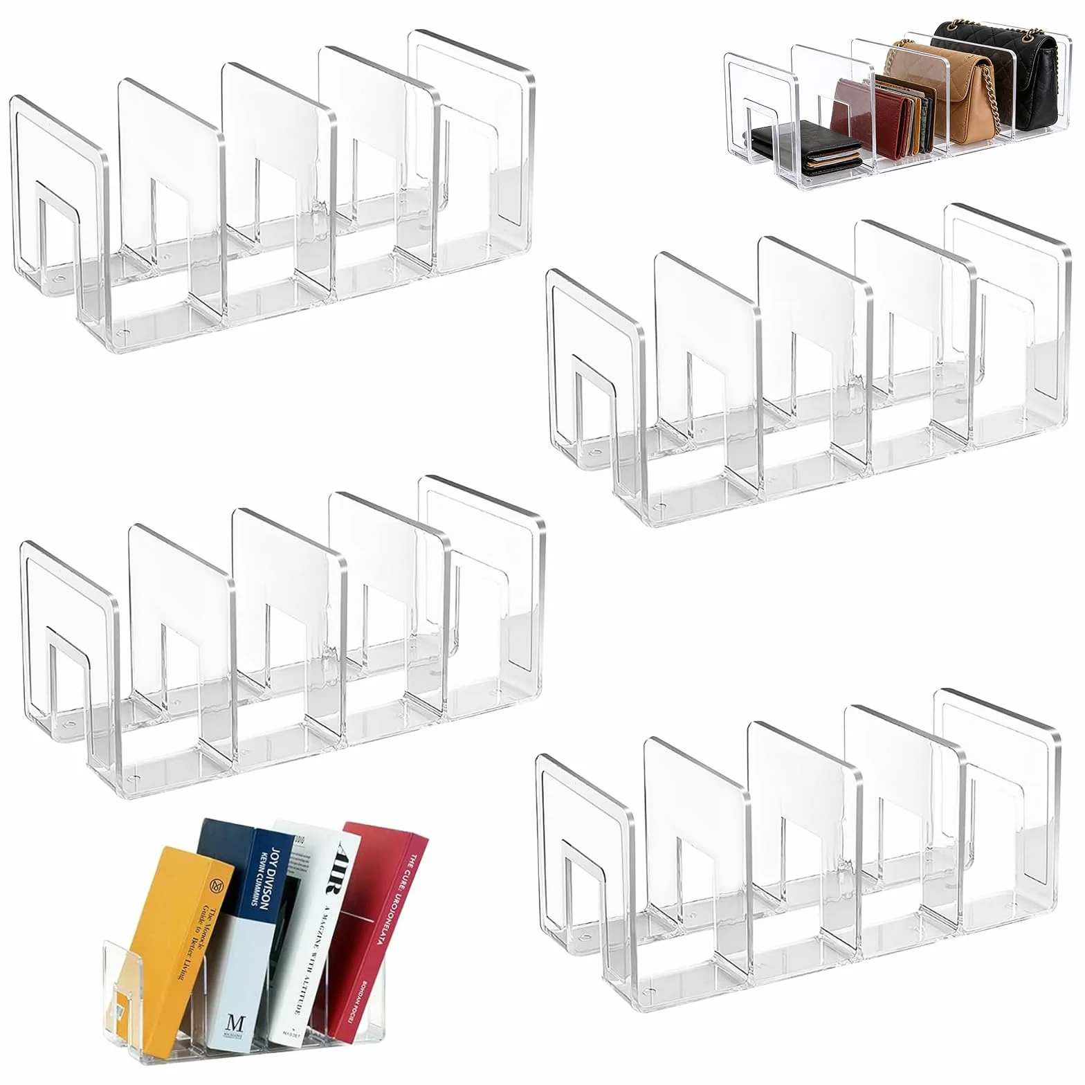 4Pezzi Portariviste in Trasparente, SHAIDOJIO Porta Libri da Scrivania in Acrilico-32cm, 4 Compartimenti Porta Libri, Fermalibri per Libreria per Libro Documenti Buste Borsa Bevande Soggiorno Ufficio