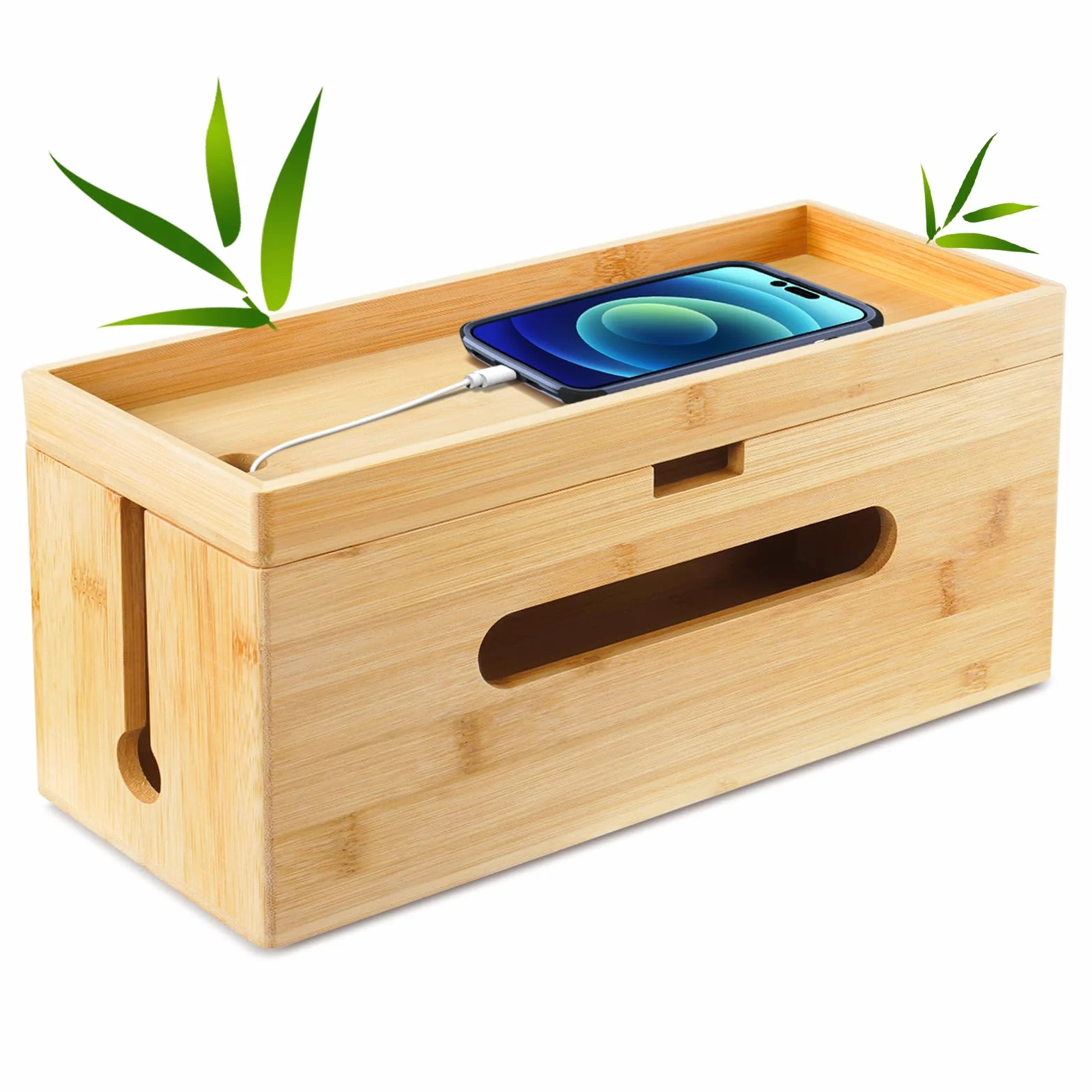 Lannvan Scatola Portacavi - Scatola Nascondi Cavi in Bamboo 33,5 x 13,5 x 13,5 cm - Raccogli Cavi - Grande Scatola Cavi per Organizzare Cavi per USB e Multipresa