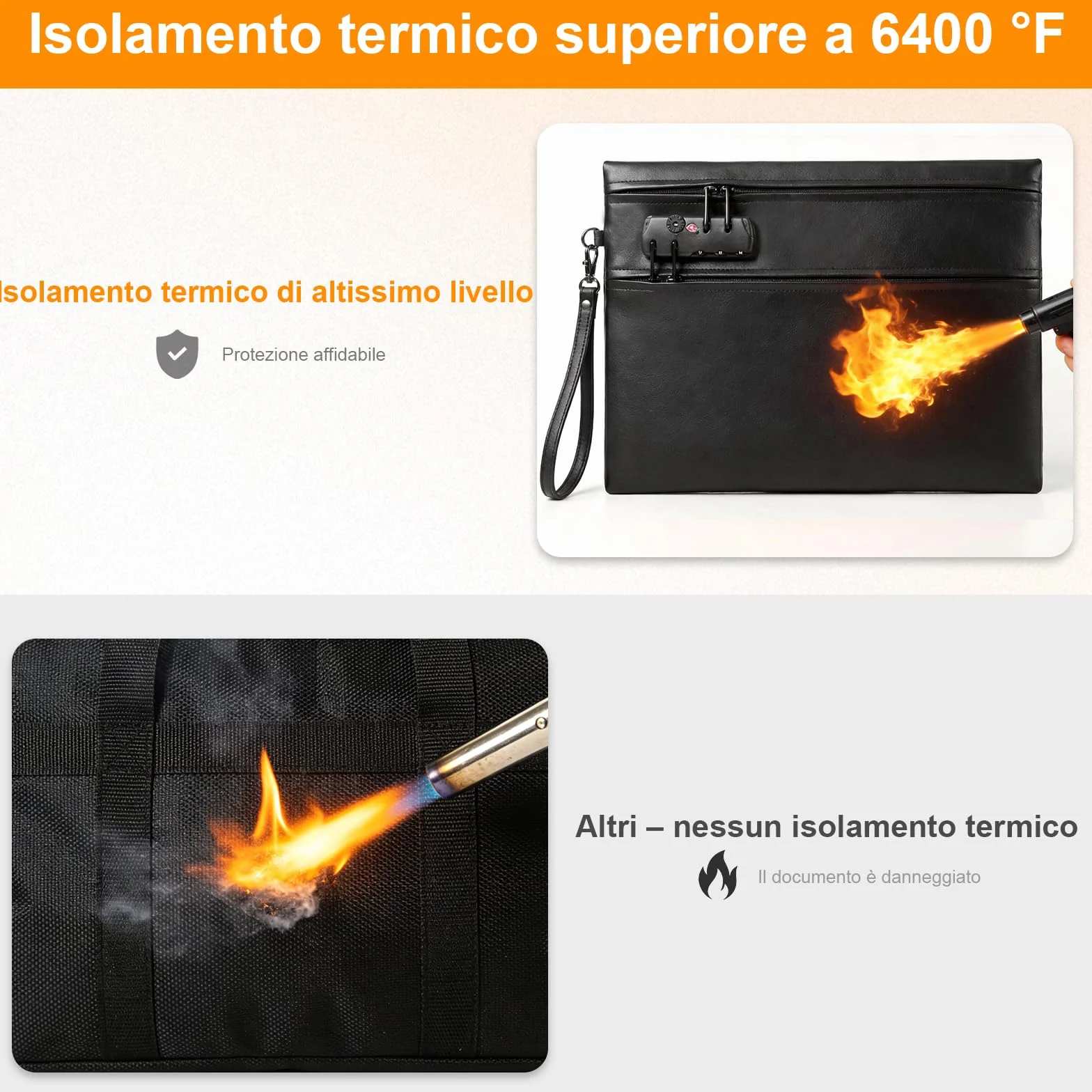 Borsa per Documenti Ignifuga Impermeabile 6400°F con Serratura 12 Strati Valigetta Portatile Anti Fuoco Nero 36x26cm