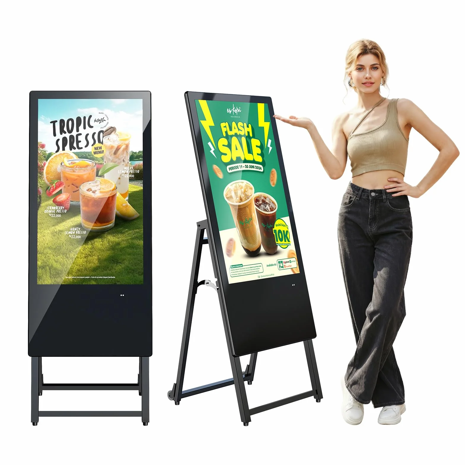 Display Pubblicitario Digitale 32 Pollici, Totem con Android OS, Digital Signage FHD IPS, Cavalletto LCD con WiFi/USB/HDMI, Pieghevole con Ruote, Nero