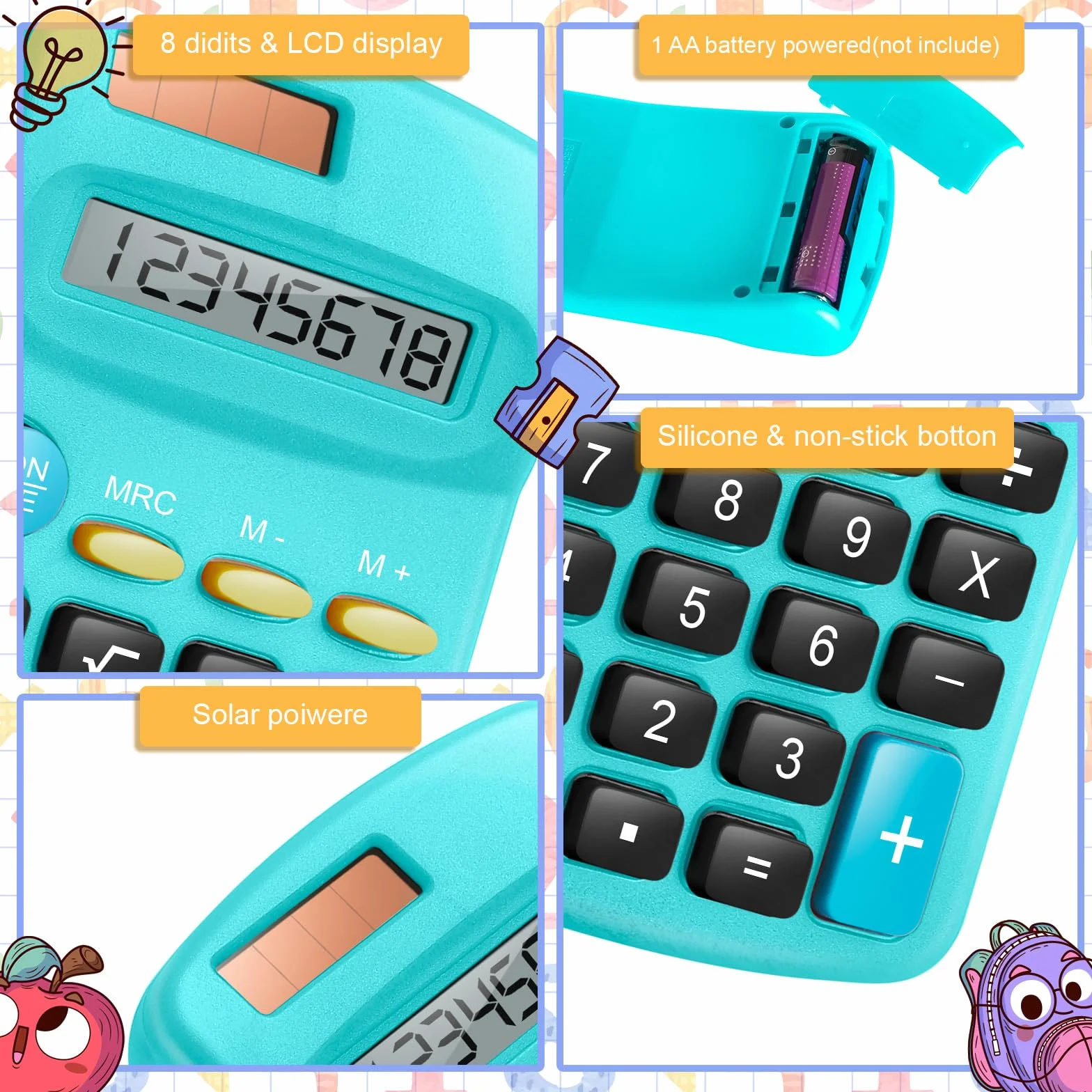 Confezione da 24 mini calcolatrici tascabili per studenti ad angolo portatile, display a 8 cifre, batteria solare, doppia alimentazione, piccola calcolatrice per studenti, bambini, casa, ufficio (6