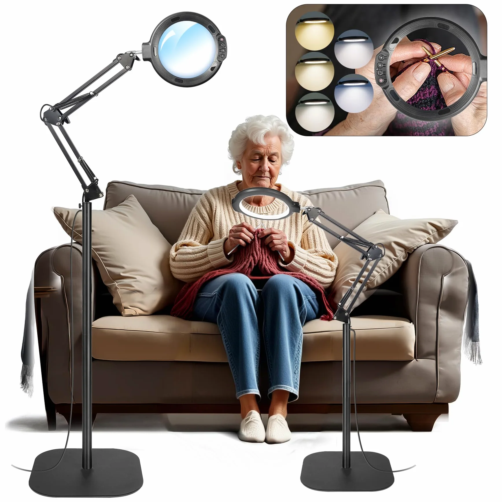 12 X lente d'ingrandimento da pavimento con luce e supporto, flessibile, braccio girevole con 54 LED, 5 modalità di colore a intensità variabile, lente d'ingrandimento libera illuminata per lettura,
