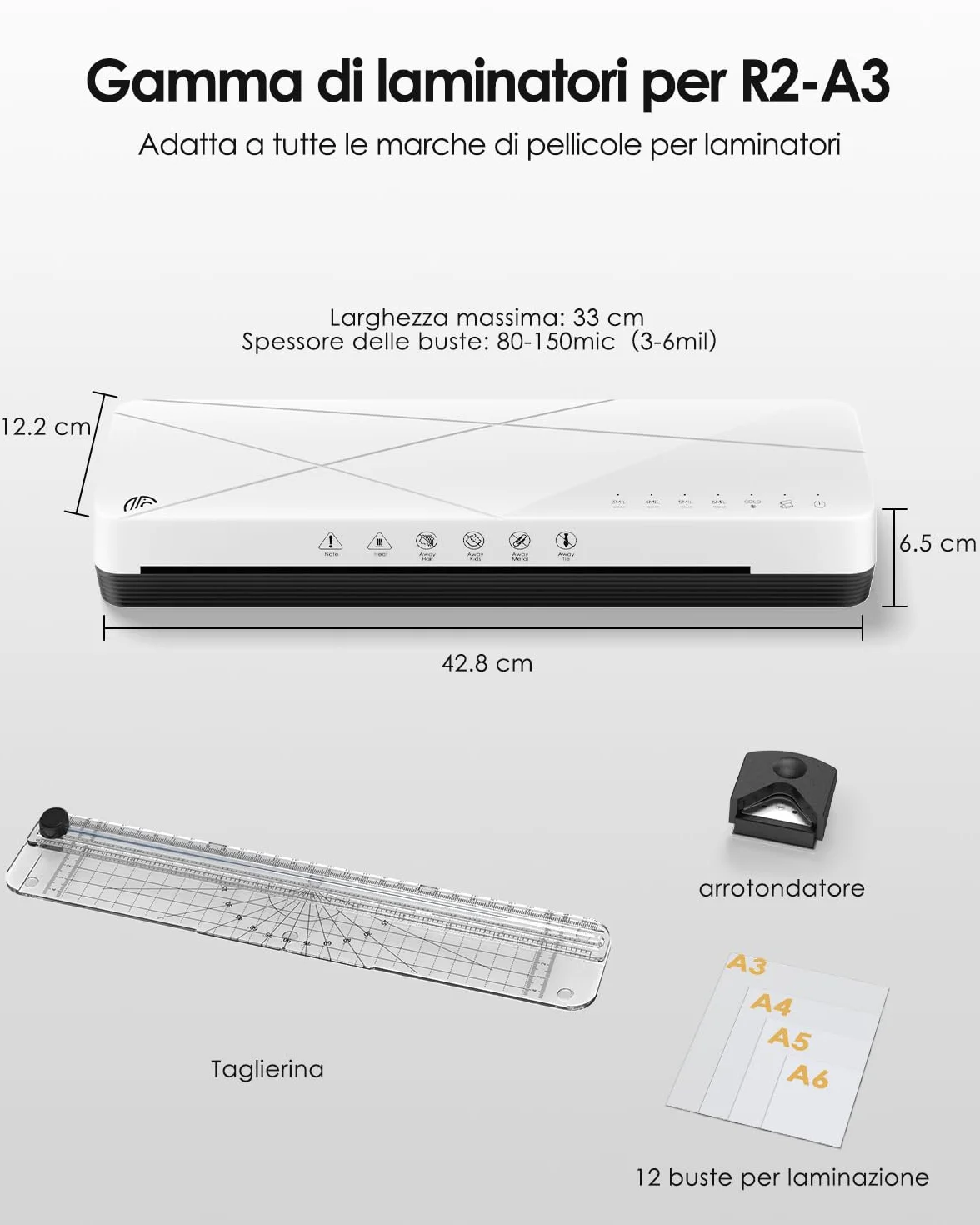 MAXDONE Plastificatrice A3 in 6 Modalità di Laminazione - ABS e Spegnimento Automatico, con Buste di Laminazione, Taglierina e Arrotolatore d'angoli