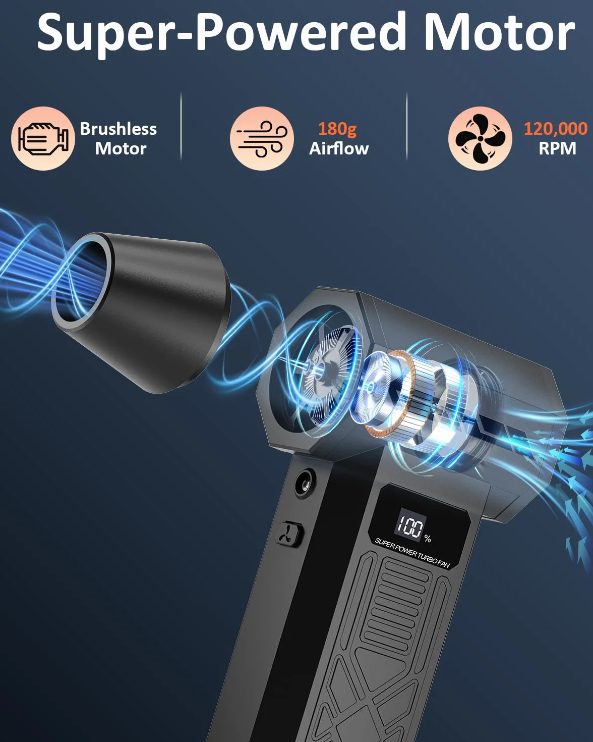 Soffiatore ad aria compressa, 120000 giri/min Mini soffiatore potente senza fili con luce LED, 4 velocità Soffiatore elettrico a batteria per la pulizia di PC, tastiere, mobili e automobili
