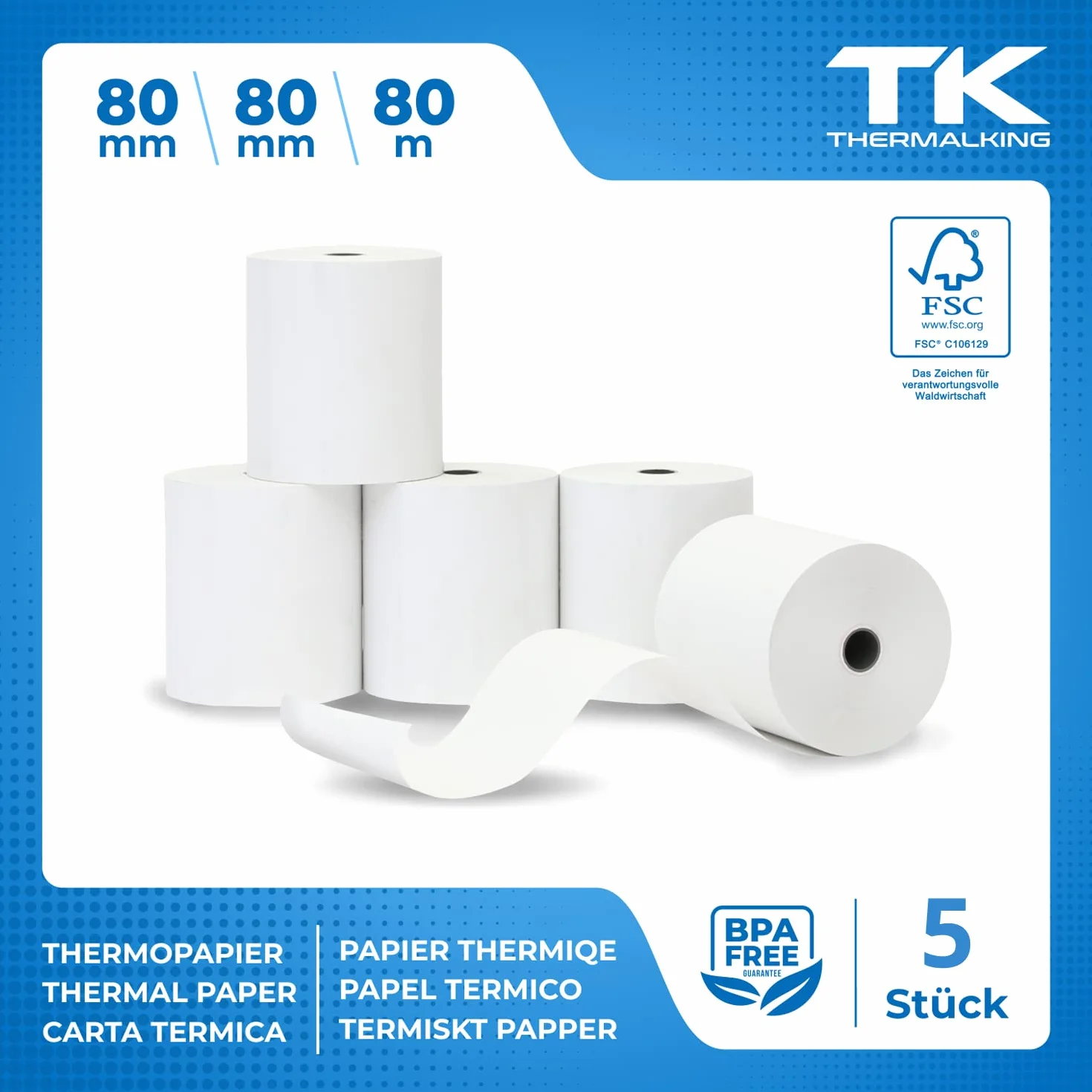 THERMALKING Rotoli Cassa Termica Fiscale 80x80x12mm 80mm x 80m 5x
