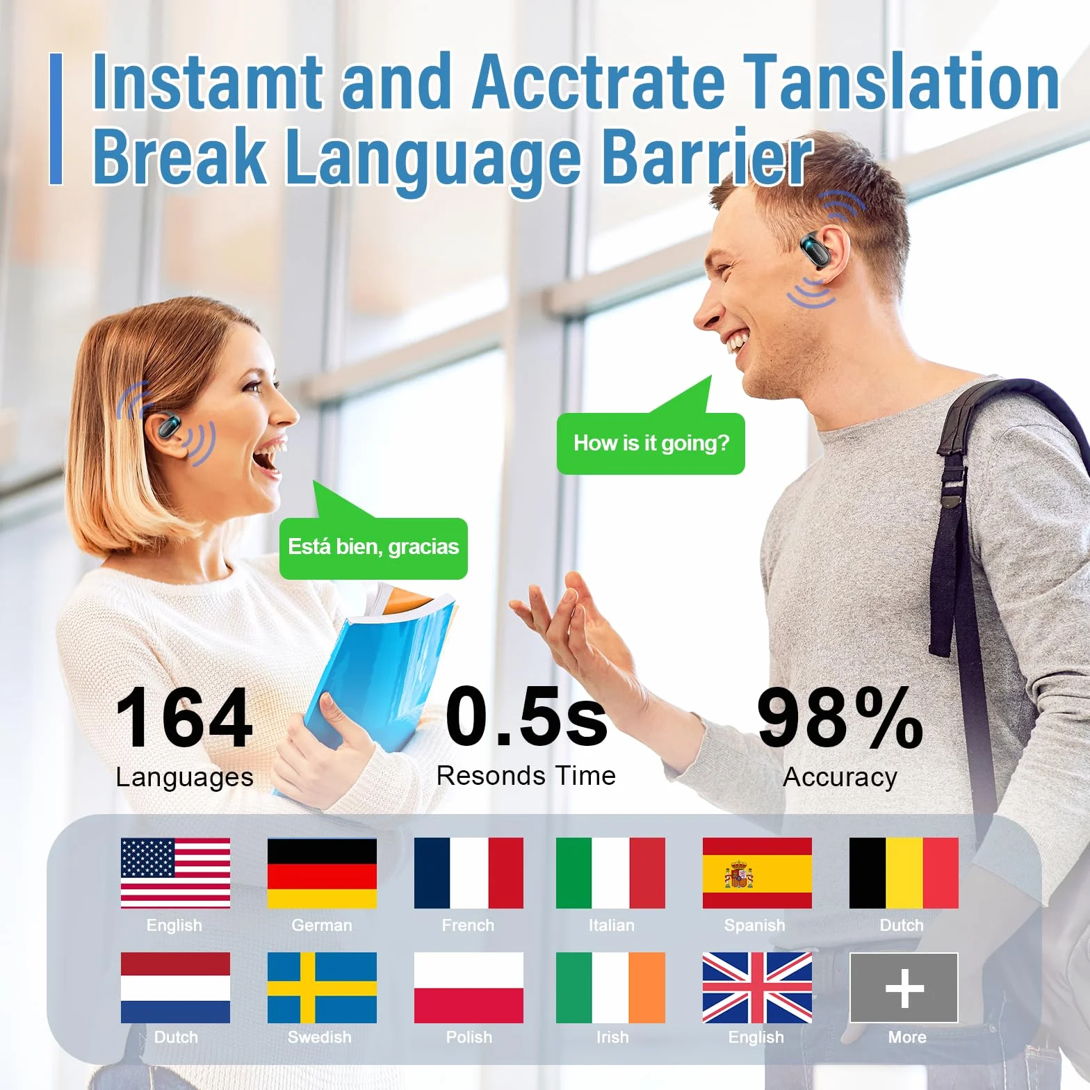 AI Cuffie Traduzione, Bluetooth 5.4 Auricolari traduttori in Tempo reale con 164 Lingue, 58 Ore Open-Ear Cuffie Traduttore Simultaneo Vocale con 7 Modalità per Viaggi, Studio, Affari, Nero