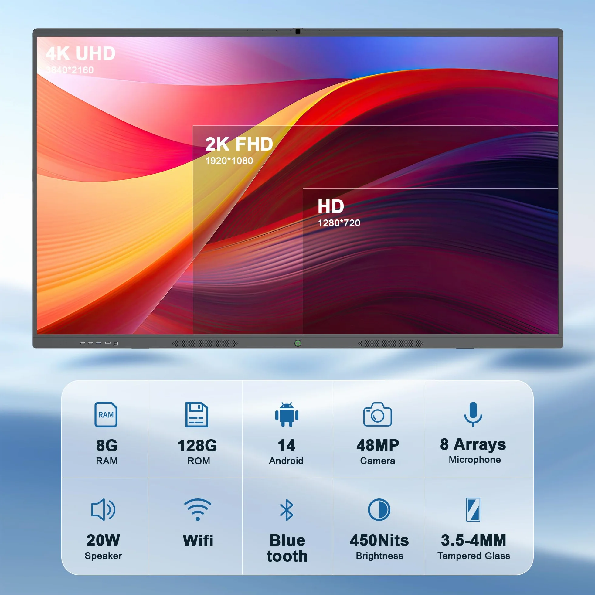 65" Smart Board, Lavagna Interattiva Multimediale 4K, Monitor Touch Screen con Fotocamera e Microfono, 8GB+128GB, WiFi/Bluetooth/HDMI/USB, Android, Per Ufficio e Scuola, Montaggio a Parete