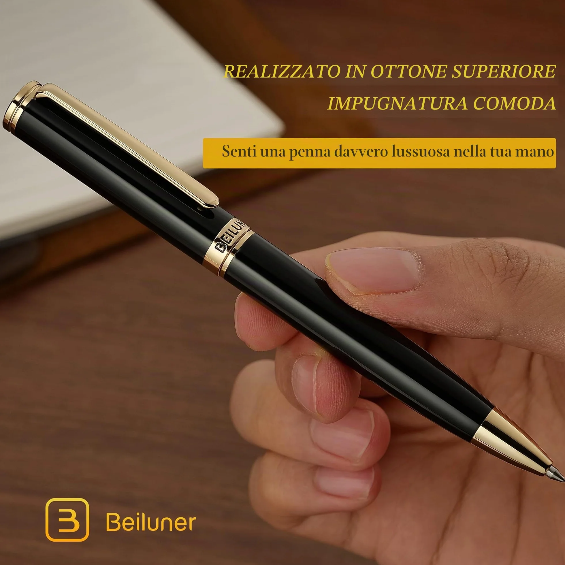 BEILUNER Penna a Gel Lusso con Finitura Oro 24K, Lacca Nera Piano, Artigianato di Classe, Miglior Set Regalo per Uomo/Donna, Professionale, Executive, Ufficio, Retrattile
