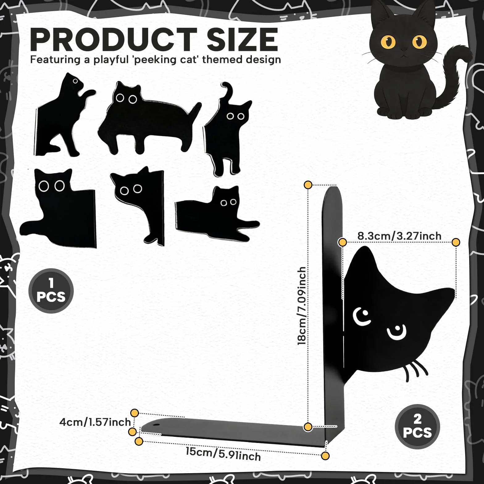 Fermalibri in Metallo con Gatto, 2 Pezzi, Divisori Libri con Segnalibro Magnetico, Reggilibri per Libreria