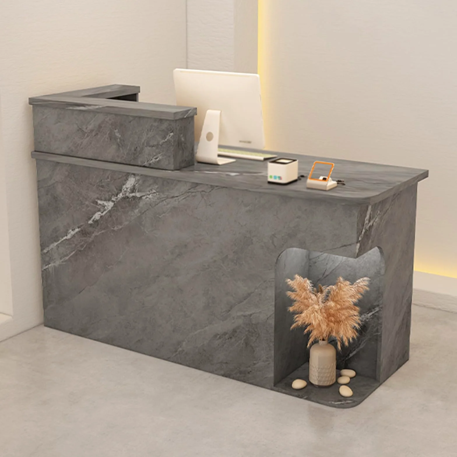 Moderno bancone per Reception Nero con cassetto chiudibile a Chiave, Ideale per Negozi al Dettaglio o Aree Cassa nella Hall. Bancone di Vendita Elegante e Funzionale.