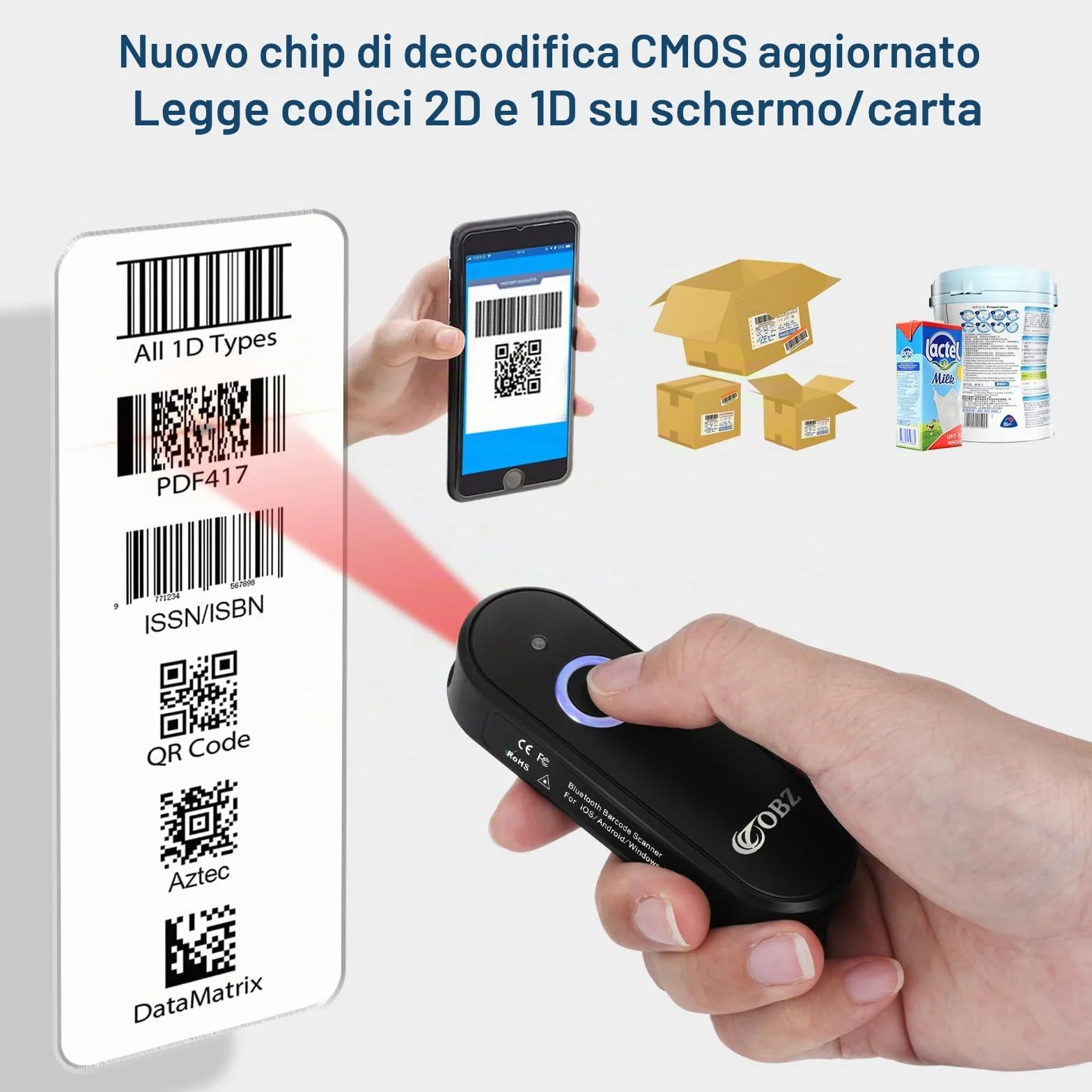 OBZ Mini Lettore Codice a Barre Wireless 1D 2D QR - Lettore Barcode Bluetooth (USB Cablato + 2.4GHz) Scanner Portatile per PC, Android, Mac OS, iOS, Phone